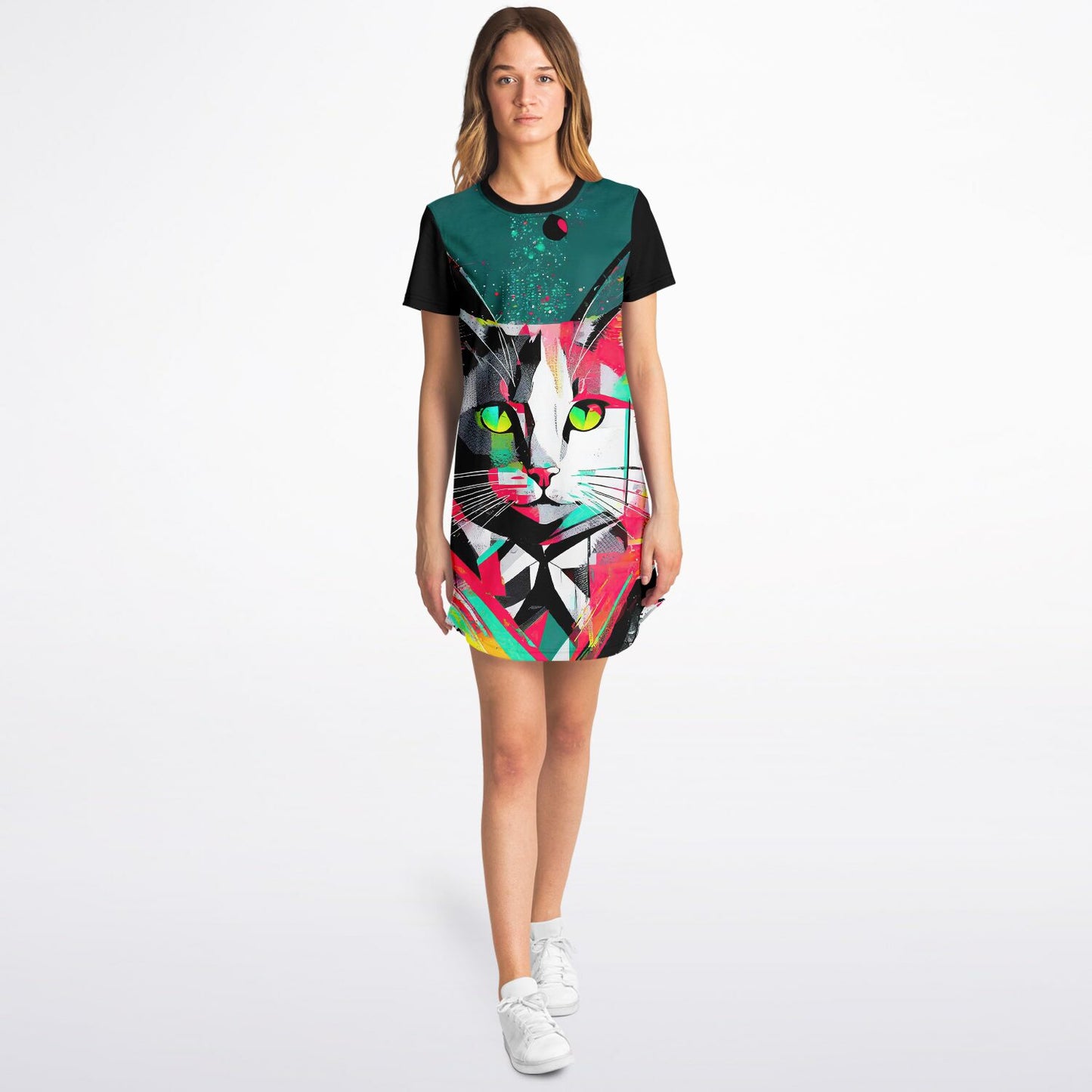 Electric Feline T-Shirt Dress - Vibrant Style, Bold Personality