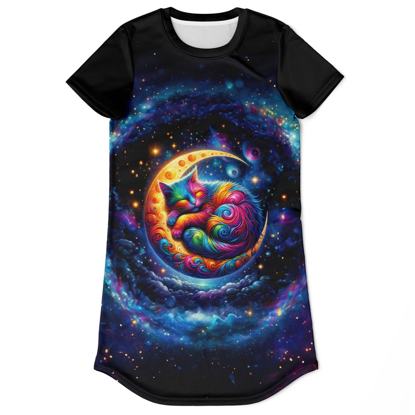 Celestial Cat Dreams T-Shirt Dress - Vibrant, Comfortable, and Out of This World