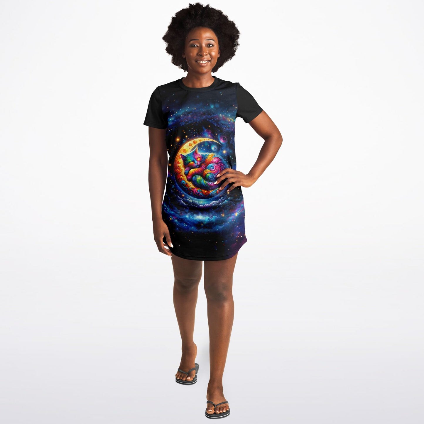 Celestial Cat Dreams T-Shirt Dress - Vibrant, Comfortable, and Out of This World