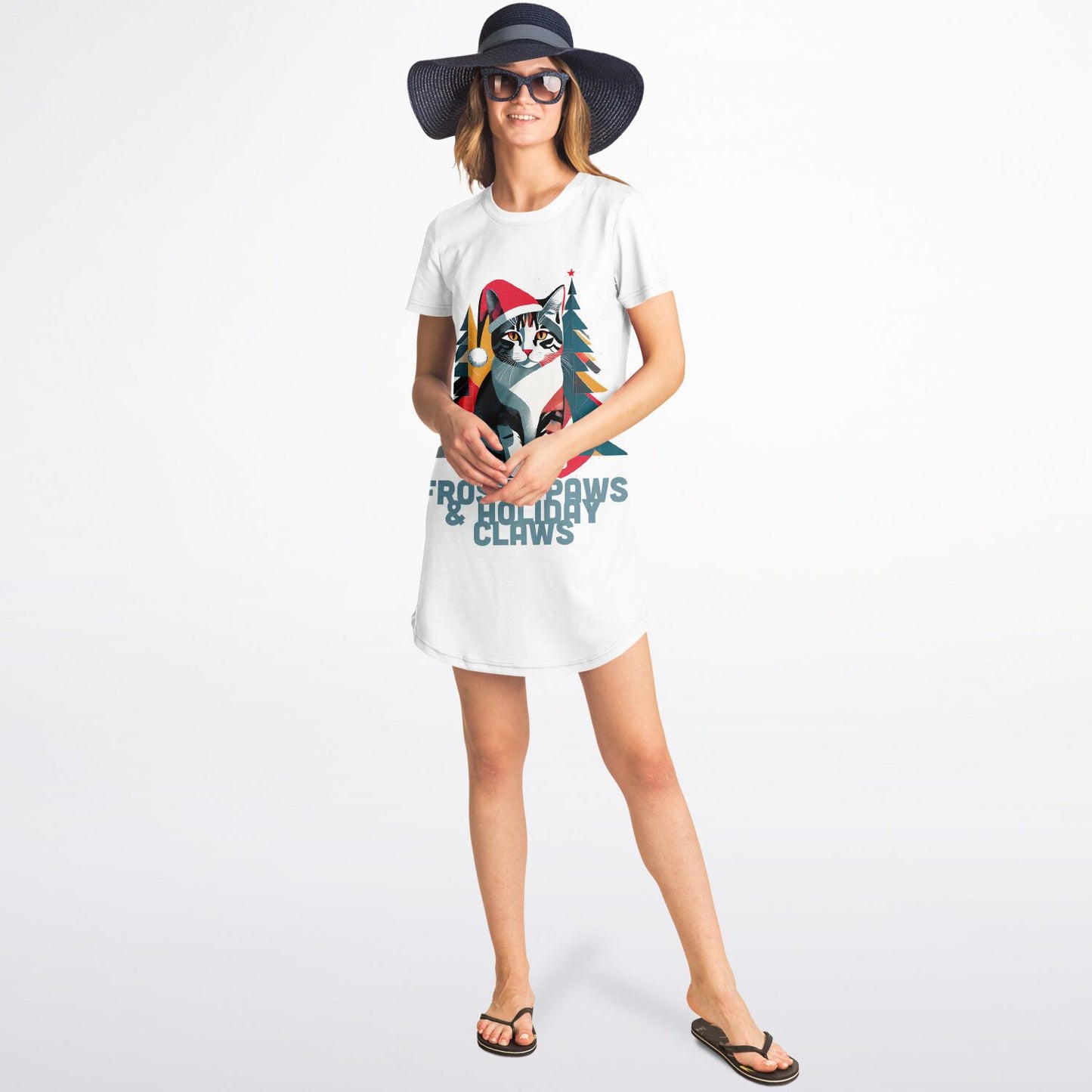 Frosty Paws & Holiday Claws T-Shirt Dress - Festive Cat Style for All Seasons