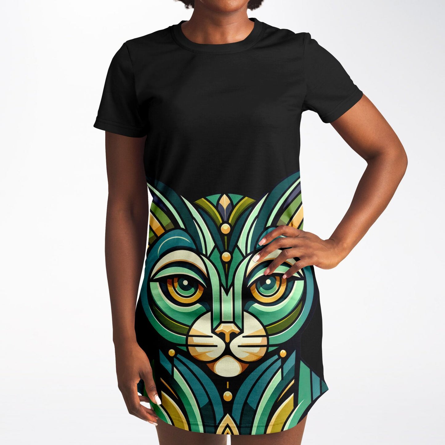 Art Deco Cat T-Shirt Dress - Chic, Comfy, and Purr-fectly Stylish