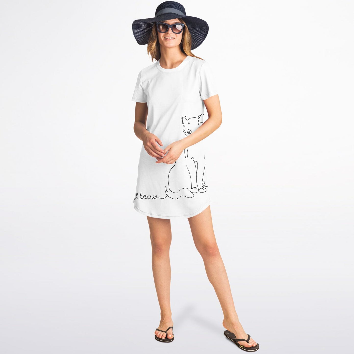 Elegant Line-Art Cat T-Shirt Dress - Stylish, Versatile, and Purr-fectly Unique