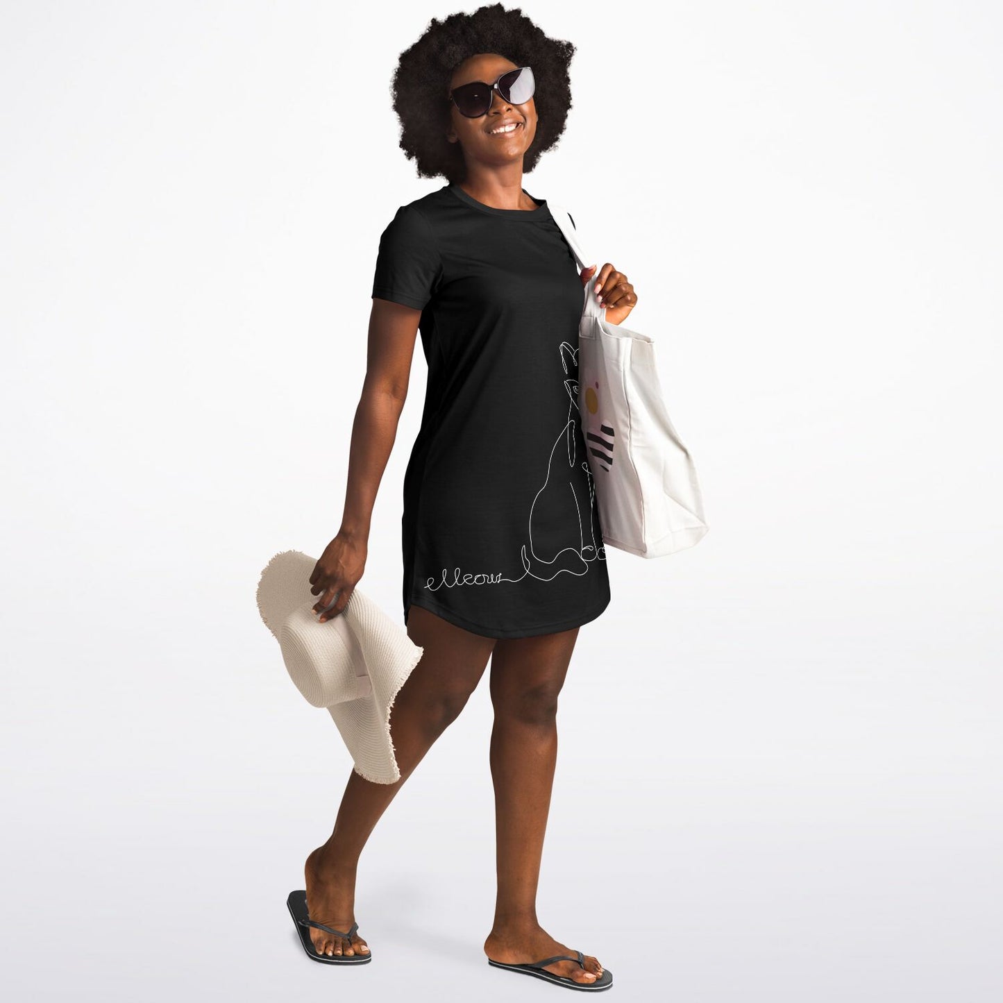 Chic Black Line-Art Cat T-Shirt Dress - Stylish, Comfy, and Timeless