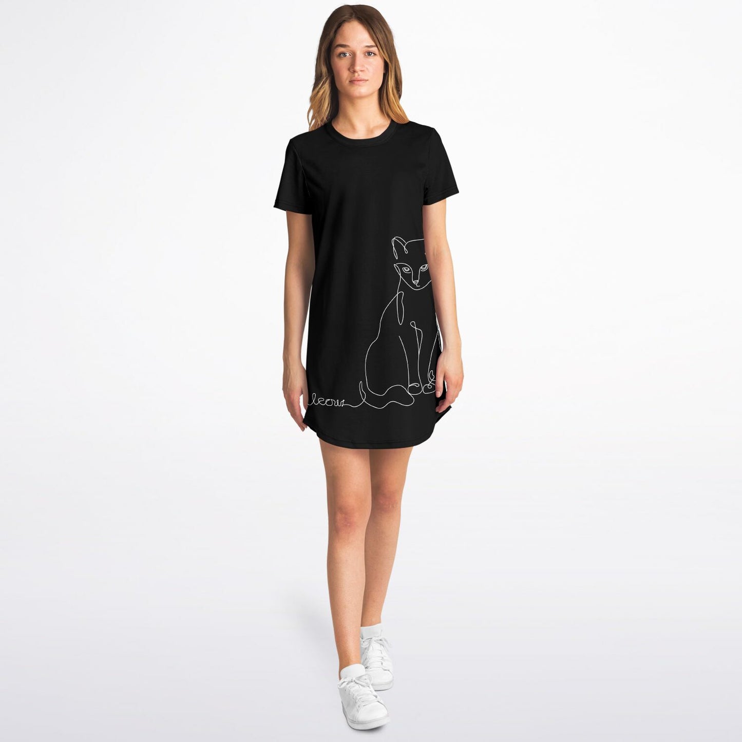 Chic Black Line-Art Cat T-Shirt Dress - Stylish, Comfy, and Timeless