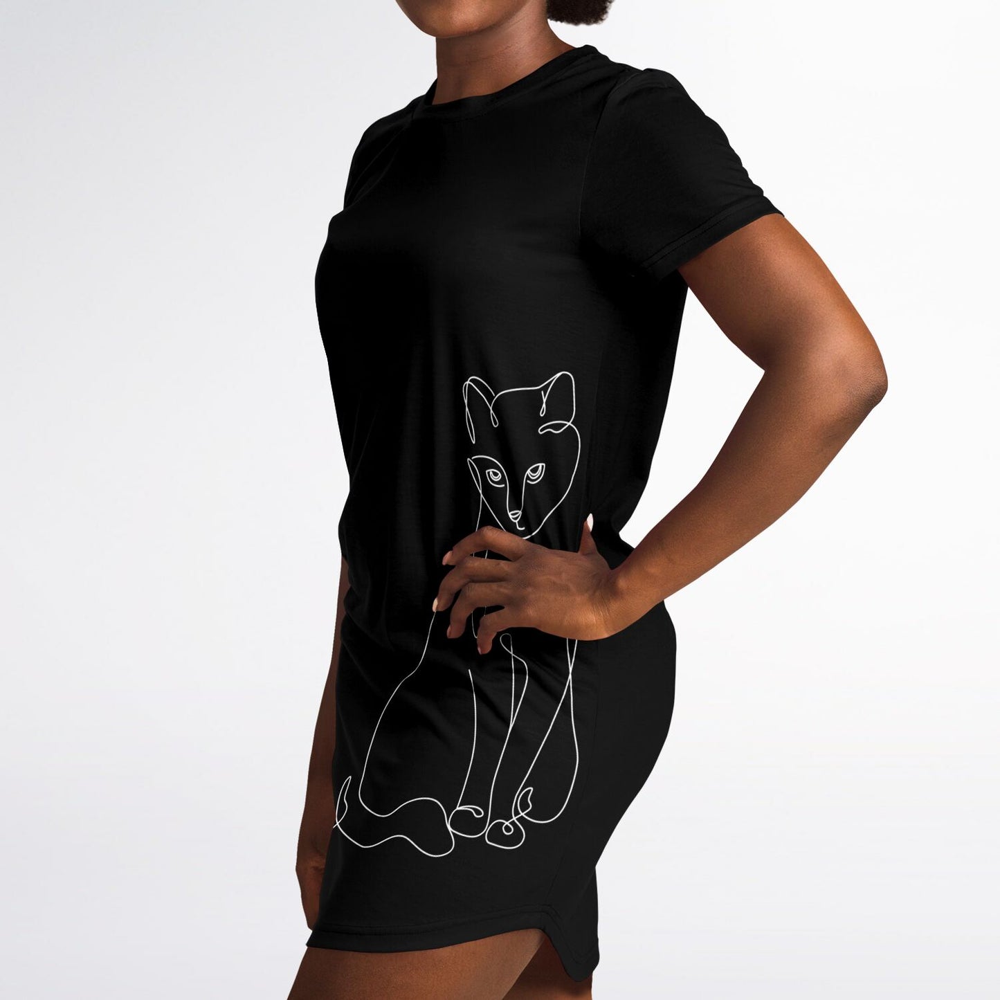 Chic Black Line-Art Cat T-Shirt Dress - Stylish, Comfy, and Timeless