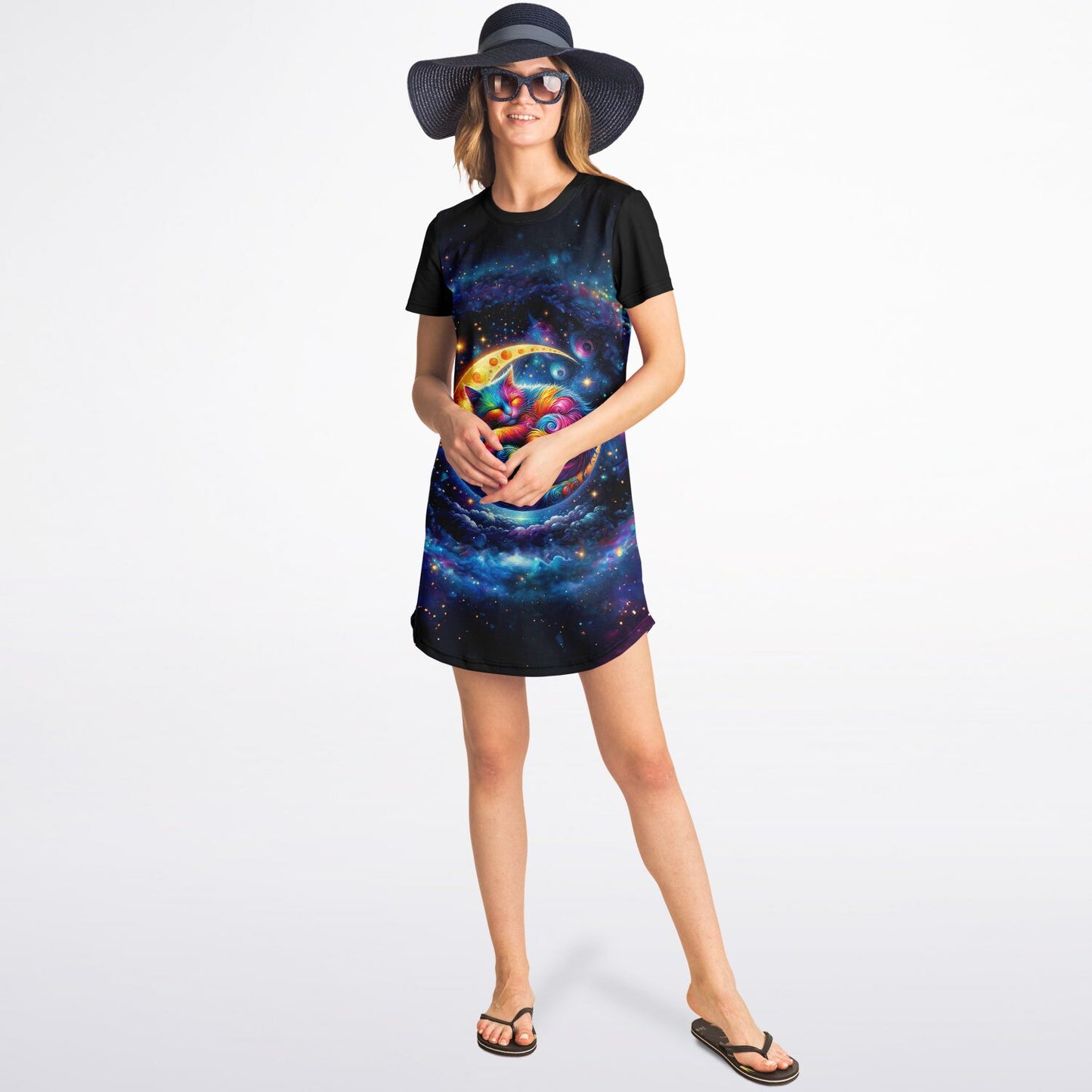 Celestial Cat Dreams T-Shirt Dress - Vibrant, Comfortable, and Out of This World