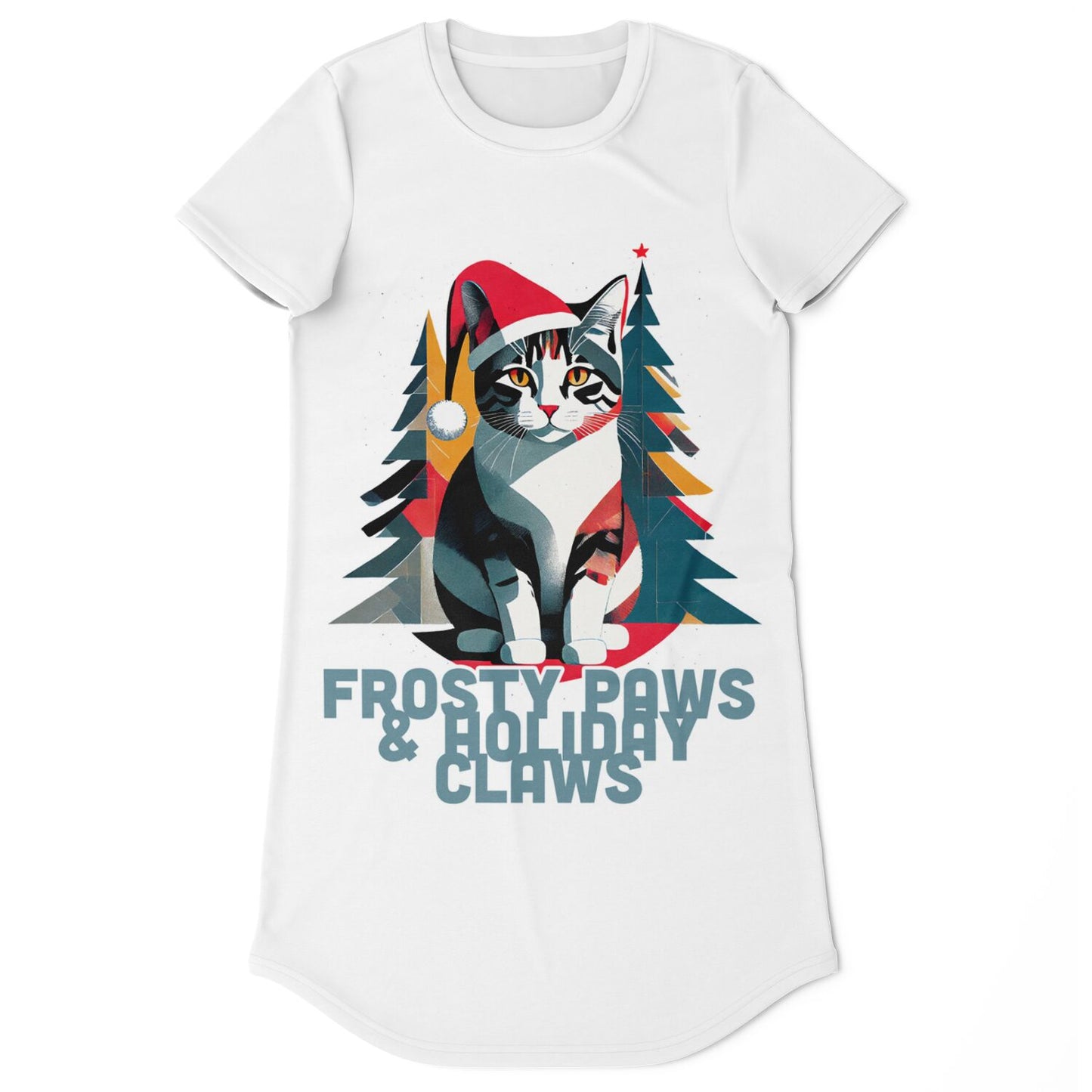 Frosty Paws & Holiday Claws T-Shirt Dress - Festive Cat Style for All Seasons