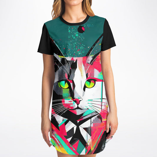 Electric Feline T-Shirt Dress - Vibrant Style, Bold Personality