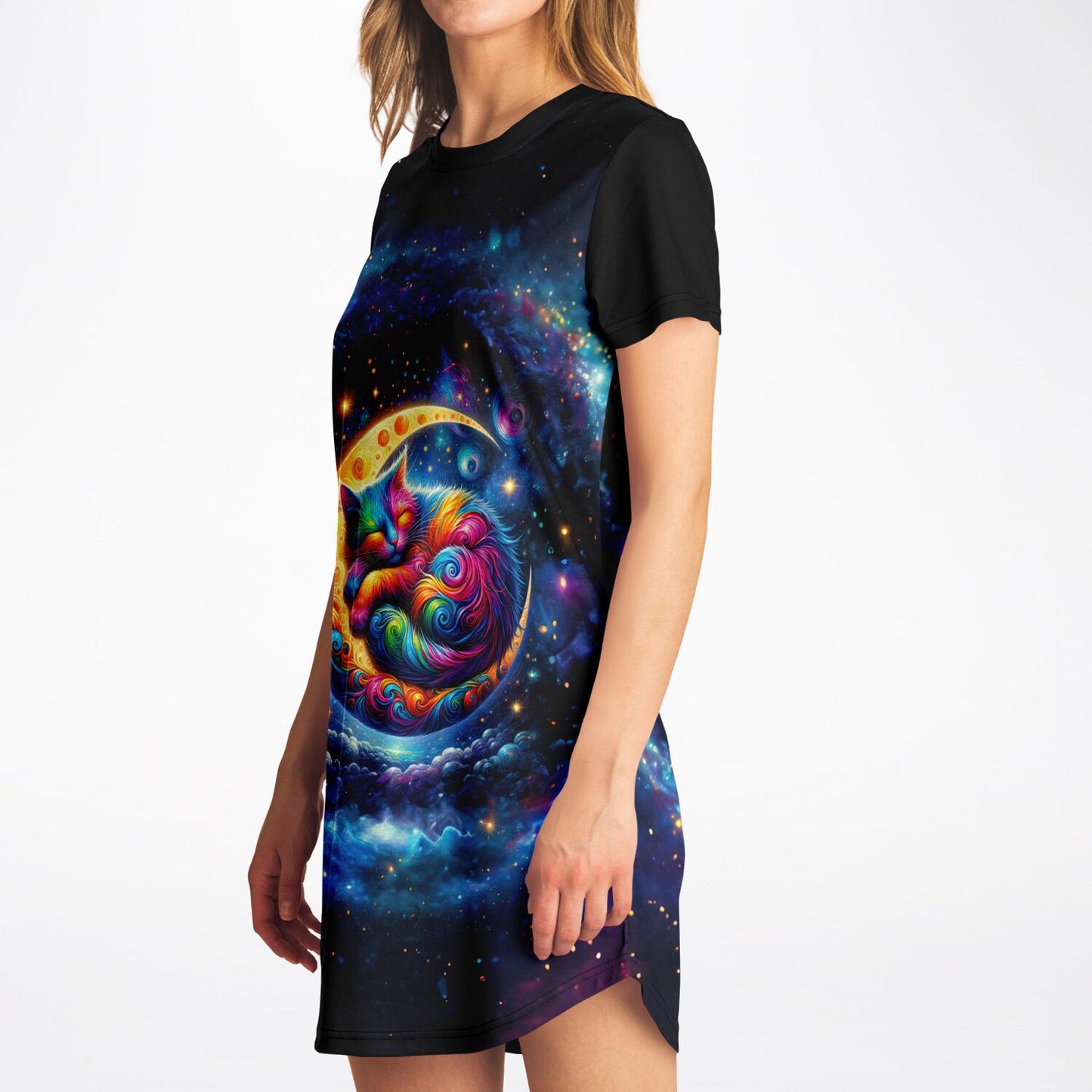 Celestial Cat Dreams T-Shirt Dress - Vibrant, Comfortable, and Out of This World