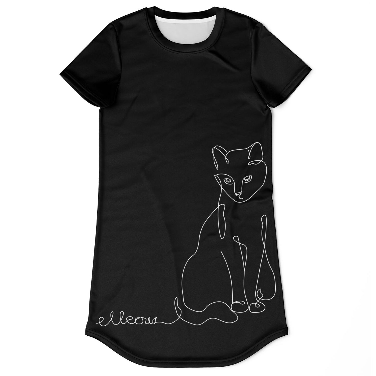 Chic Black Line-Art Cat T-Shirt Dress - Stylish, Comfy, and Timeless