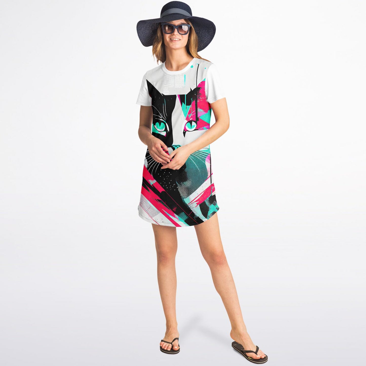 Abstract Feline T-Shirt Dress - Art Meets Comfort