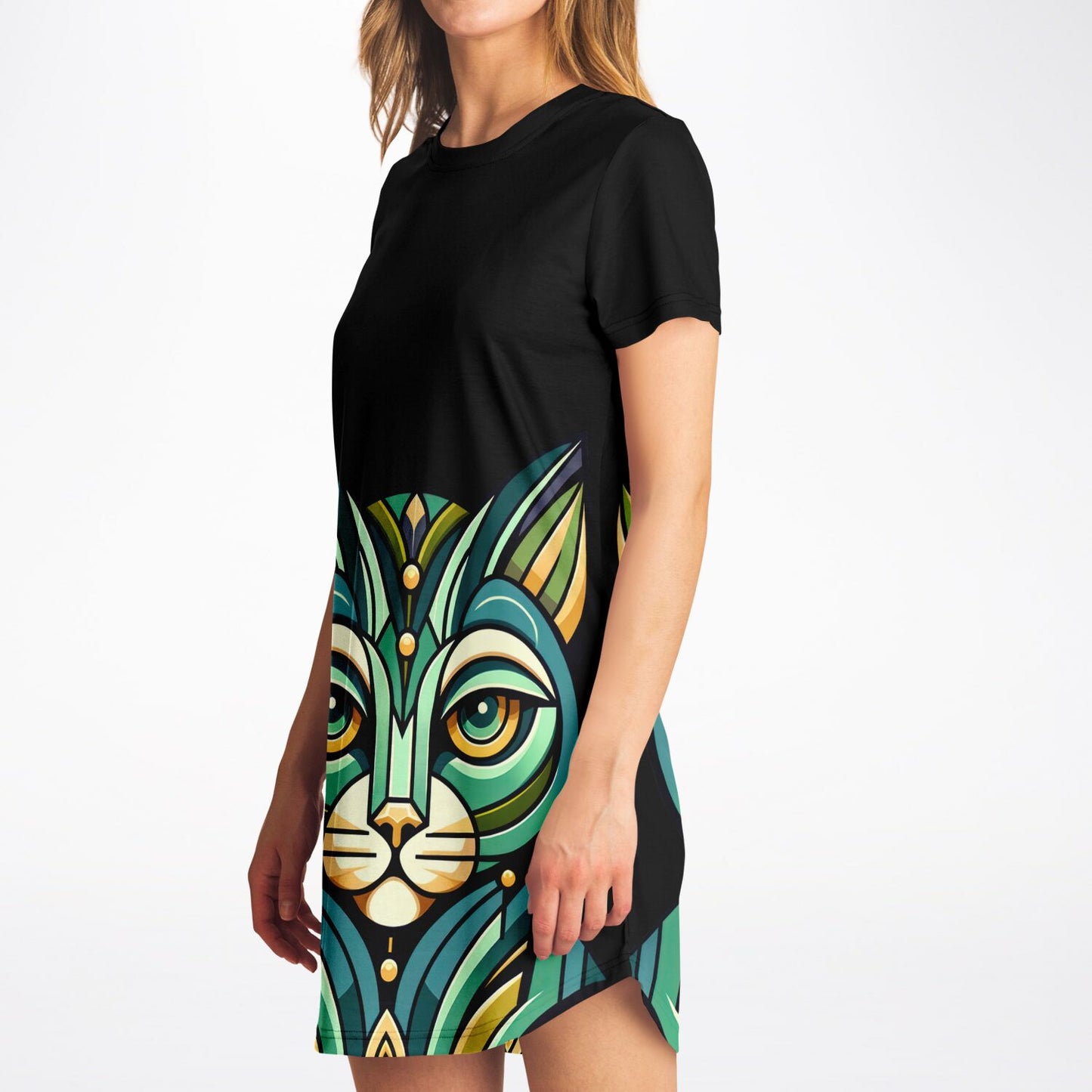 Art Deco Cat T-Shirt Dress - Chic, Comfy, and Purr-fectly Stylish