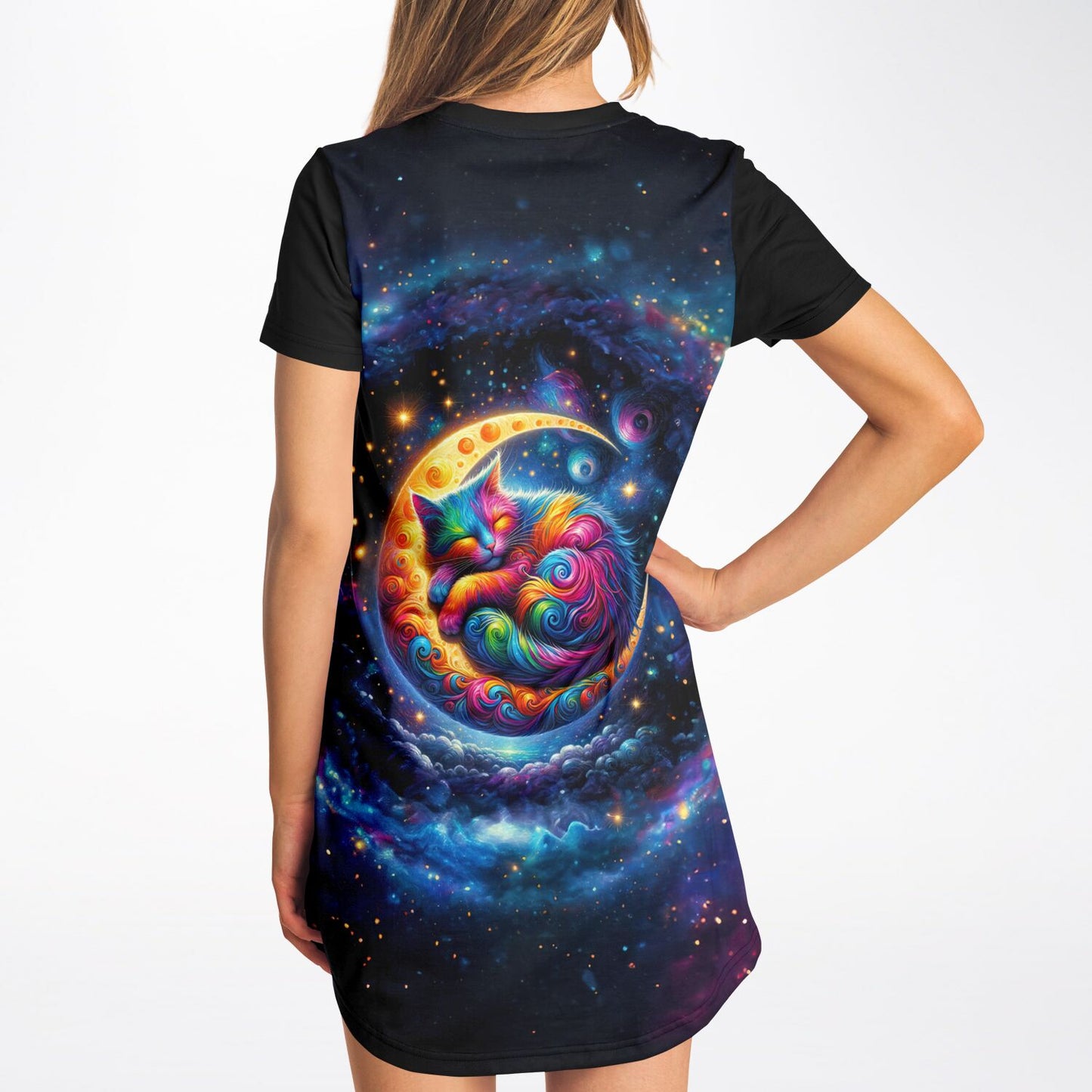 Celestial Cat Dreams T-Shirt Dress - Vibrant, Comfortable, and Out of This World