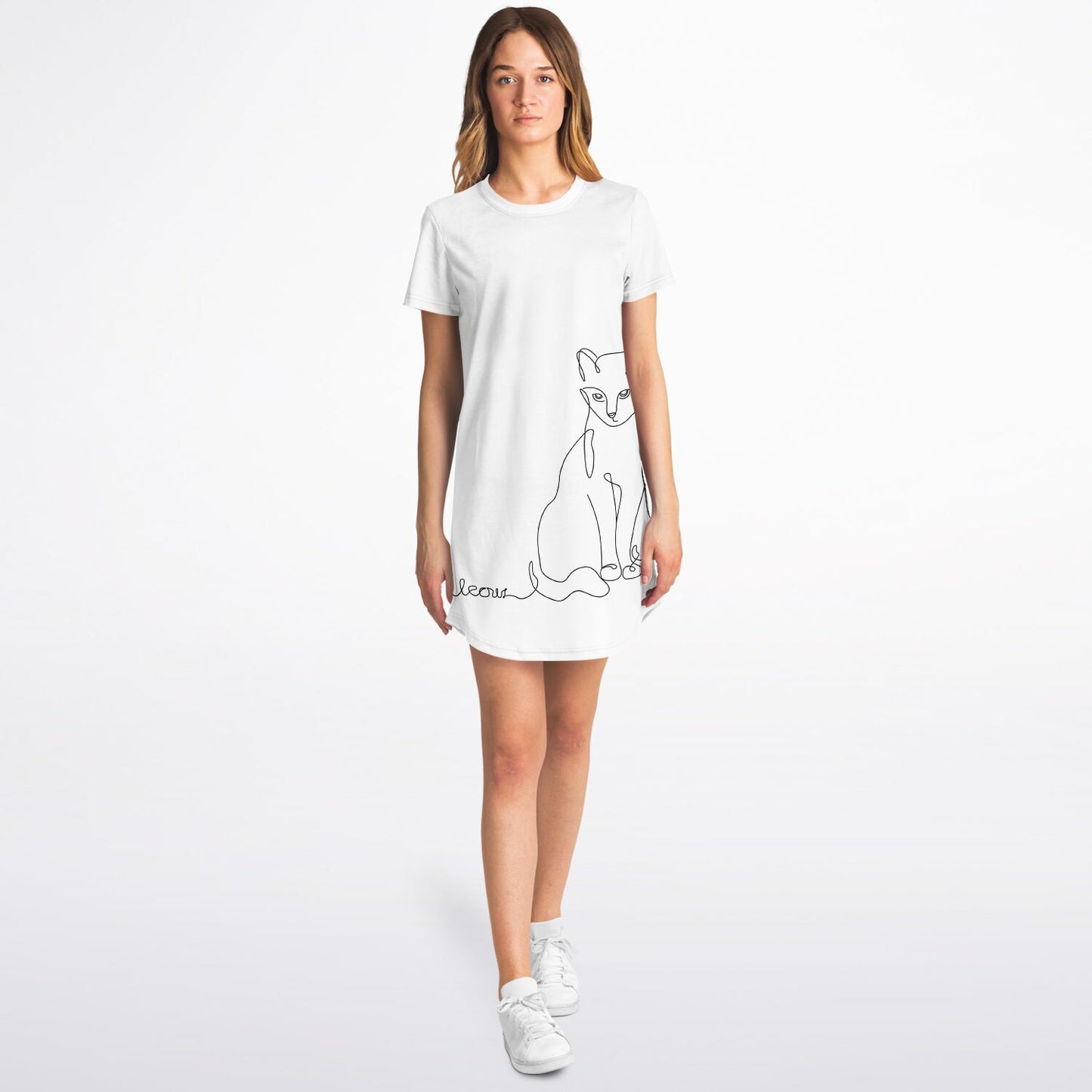 Elegant Line-Art Cat T-Shirt Dress - Stylish, Versatile, and Purr-fectly Unique