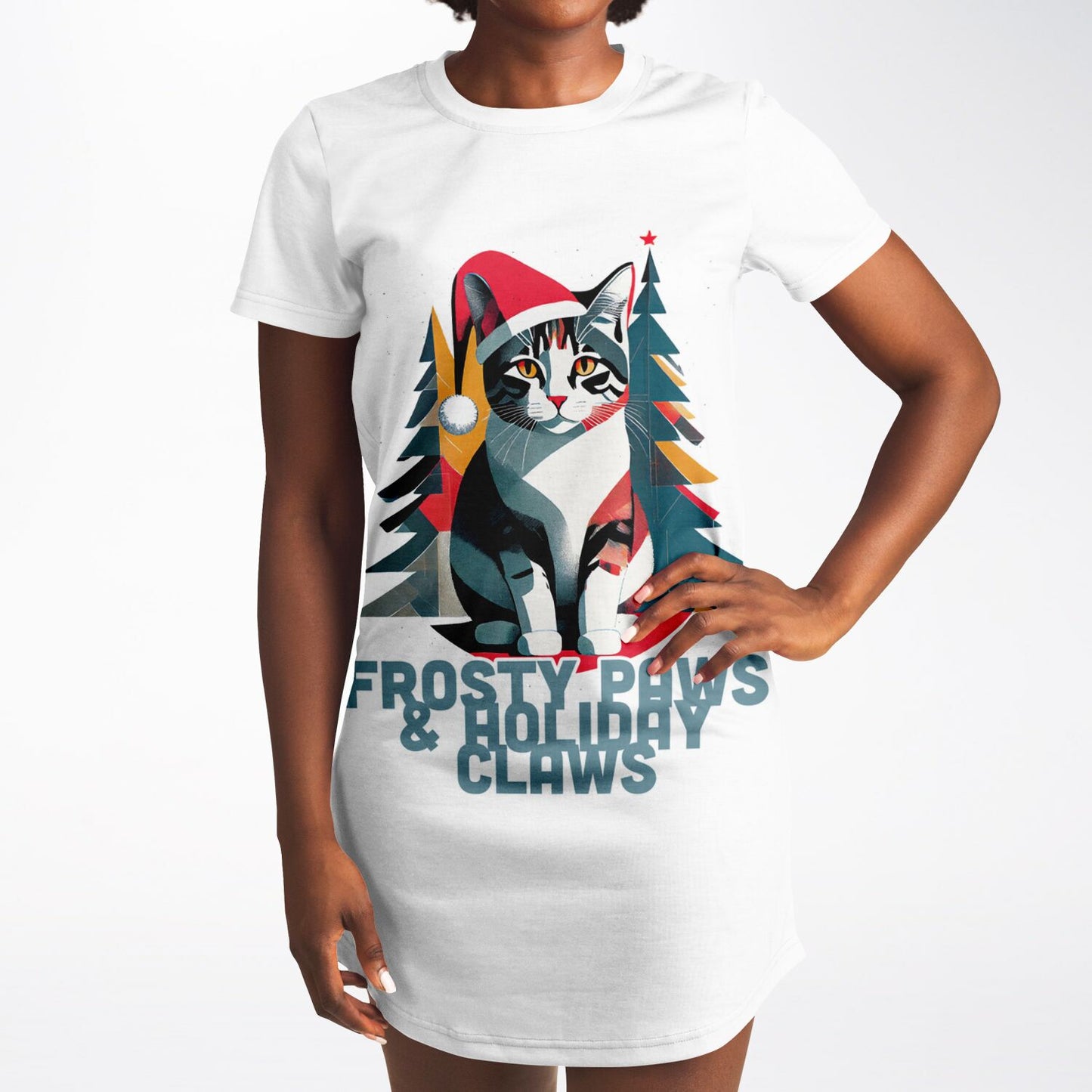 Frosty Paws & Holiday Claws T-Shirt Dress - Festive Cat Style for All Seasons