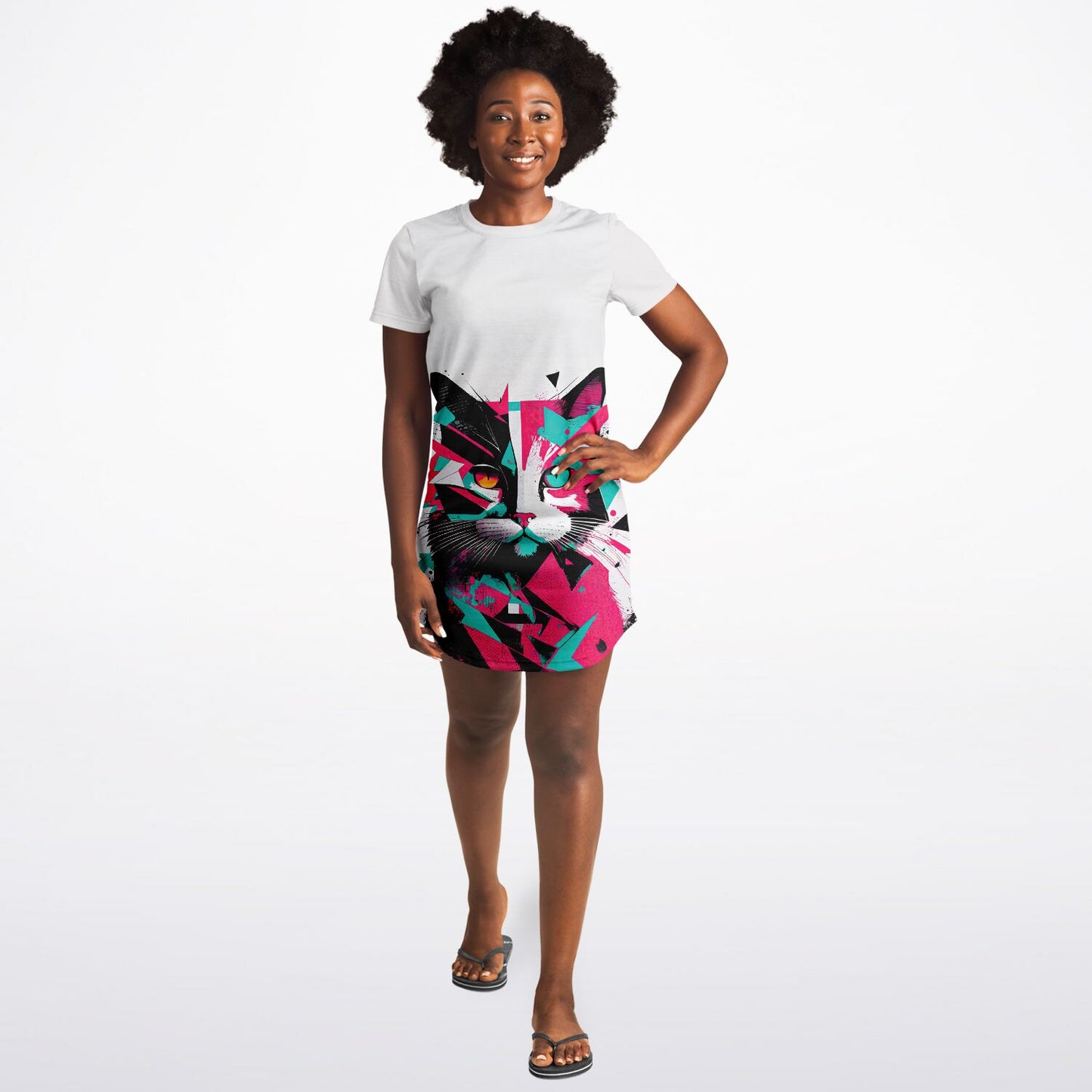 Geometric Feline T-Shirt Dress - Edgy, Vibrant, and Fierce