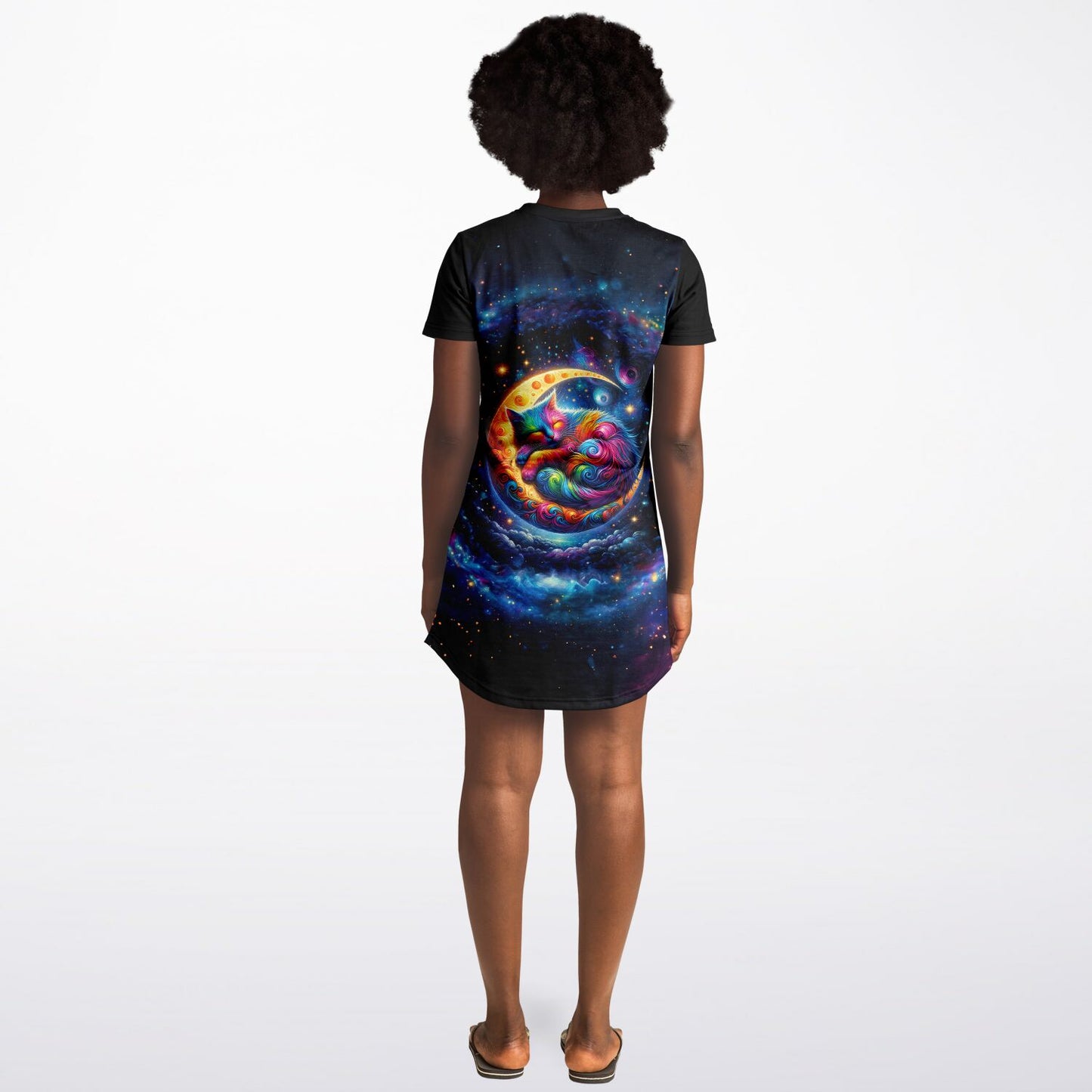 Celestial Cat Dreams T-Shirt Dress - Vibrant, Comfortable, and Out of This World