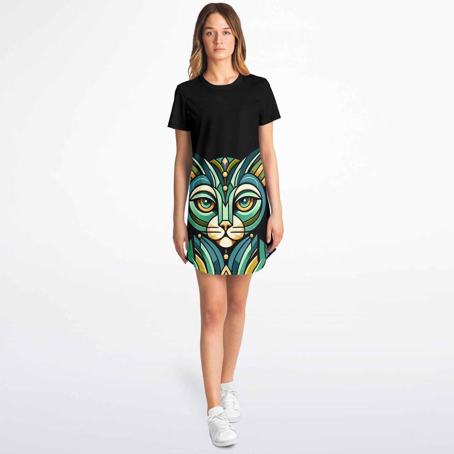 Art Deco Cat T-Shirt Dress - Chic, Comfy, and Purr-fectly Stylish