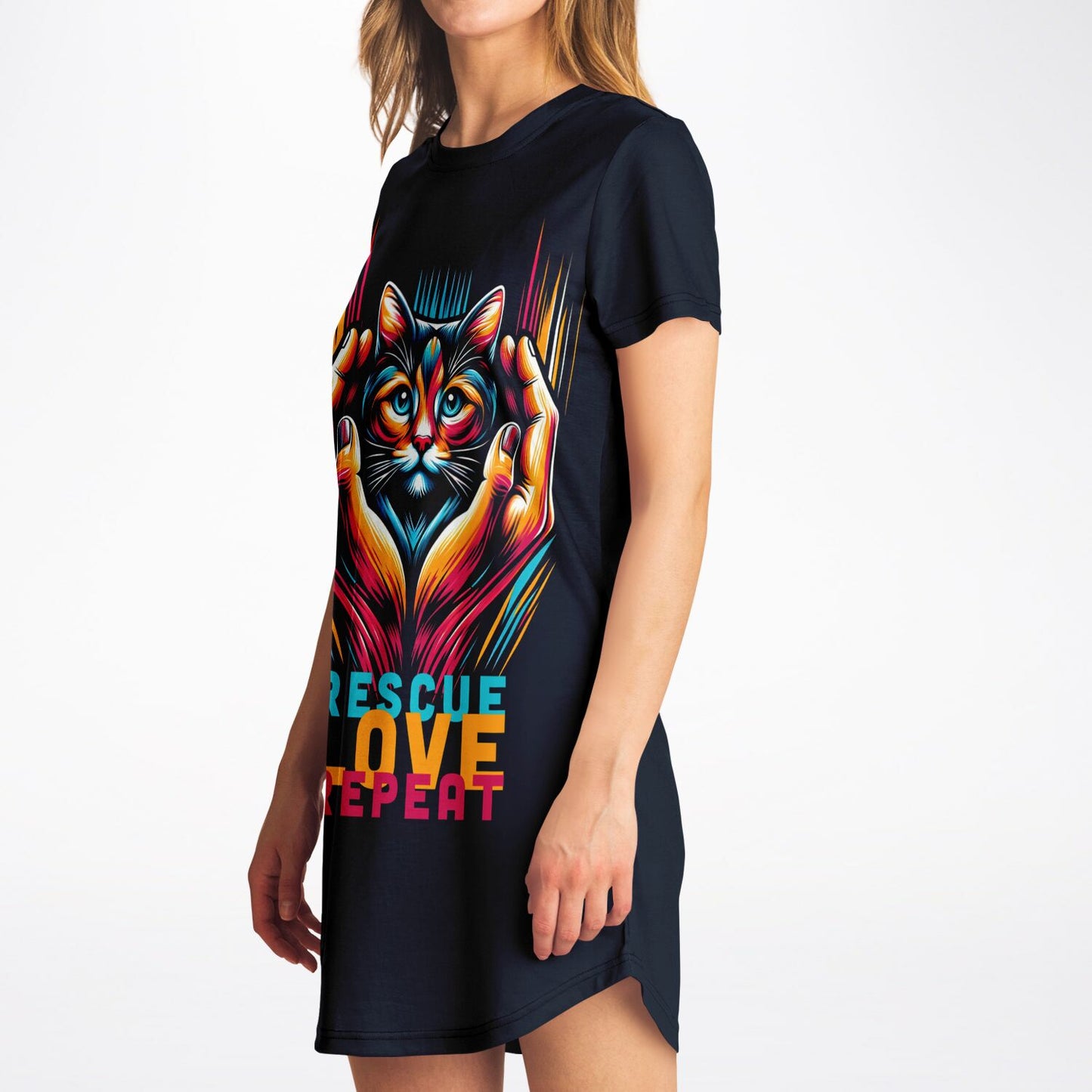 Rescue, Love, Repeat Cat T-Shirt Dress - Fashion with a Heart for Felines