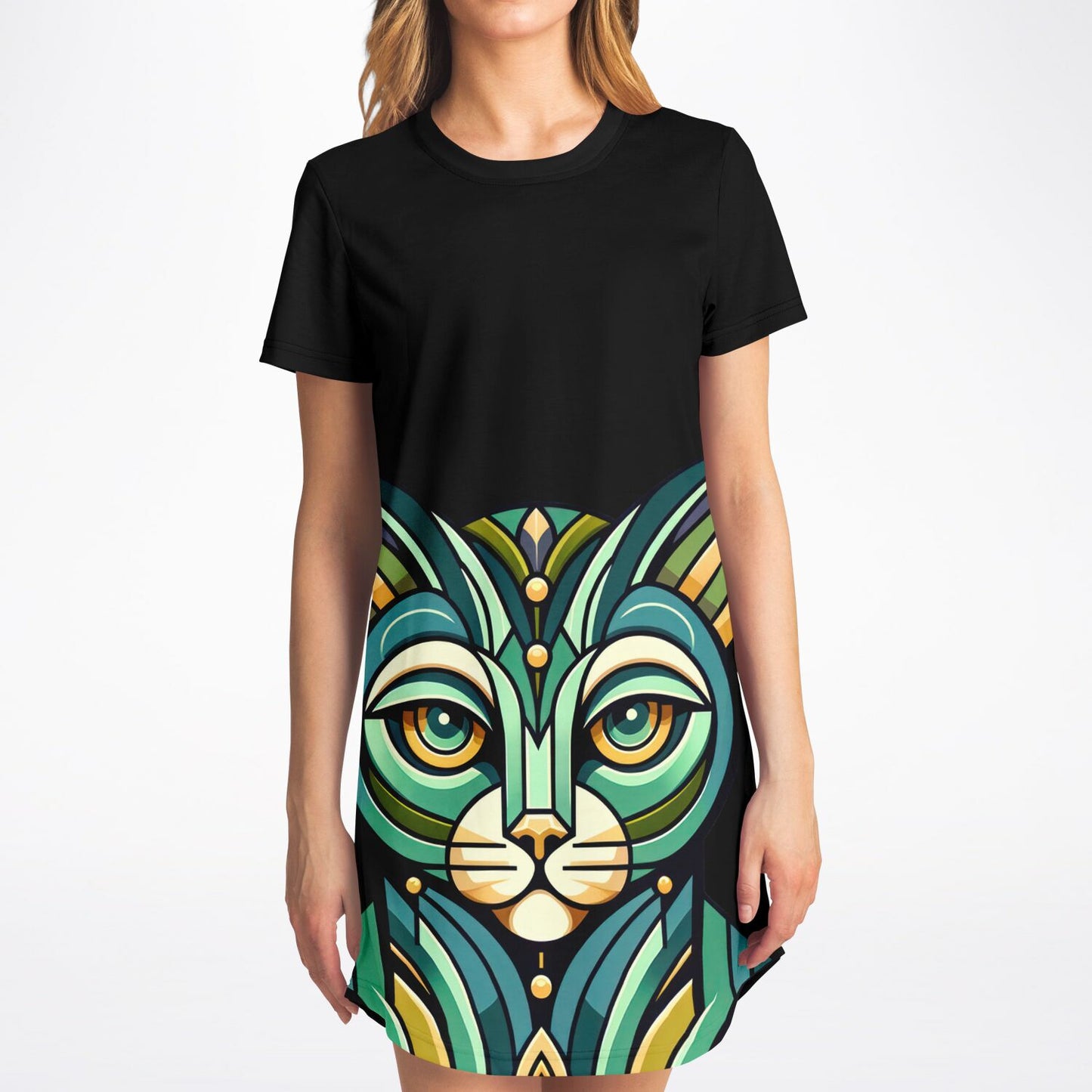 Art Deco Cat T-Shirt Dress - Chic, Comfy, and Purr-fectly Stylish