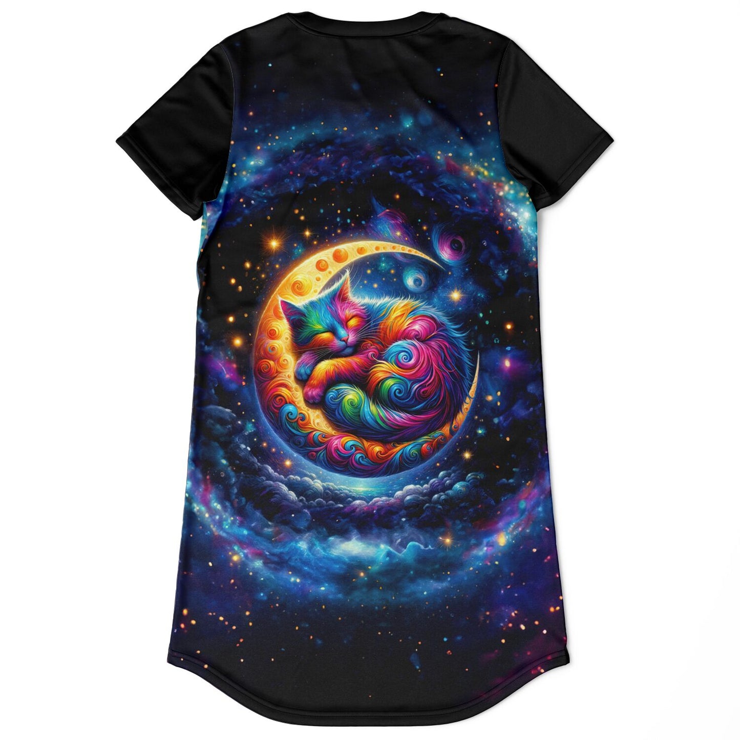 Celestial Cat Dreams T-Shirt Dress - Vibrant, Comfortable, and Out of This World