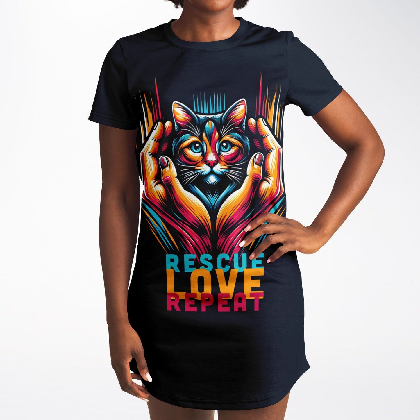 Rescue, Love, Repeat Cat T-Shirt Dress - Fashion with a Heart for Felines