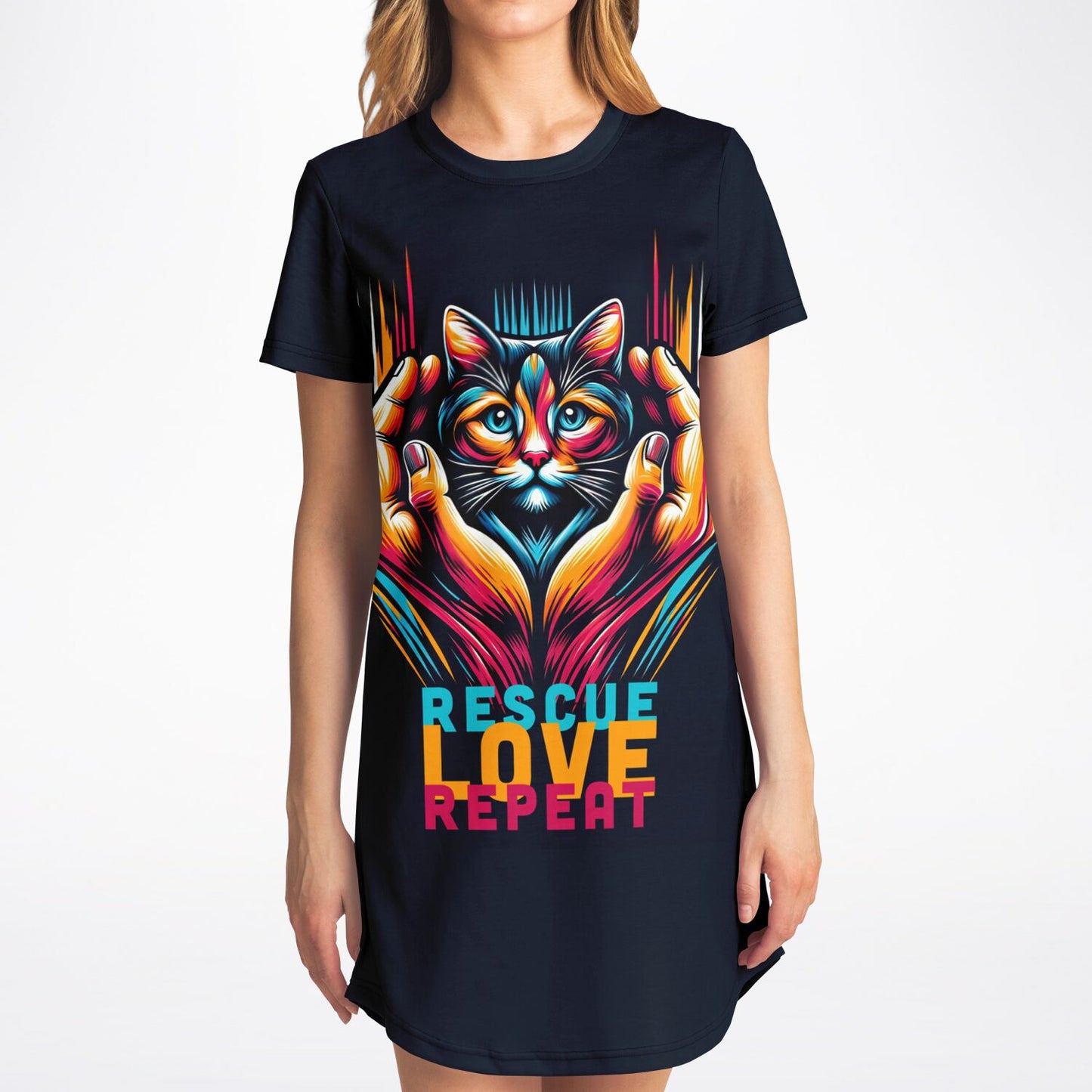 Rescue, Love, Repeat Cat T-Shirt Dress - Fashion with a Heart for Felines