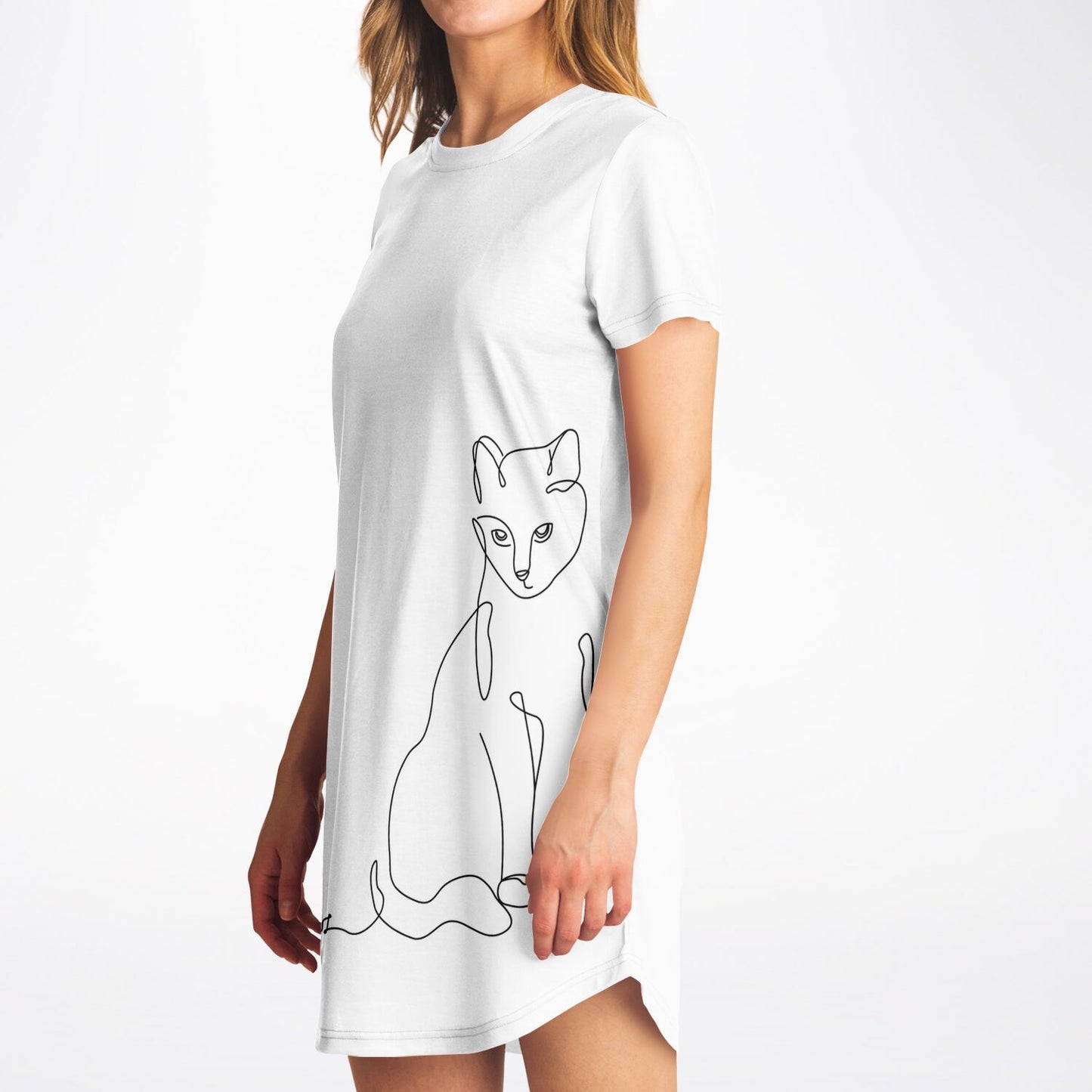 Elegant Line-Art Cat T-Shirt Dress - Stylish, Versatile, and Purr-fectly Unique