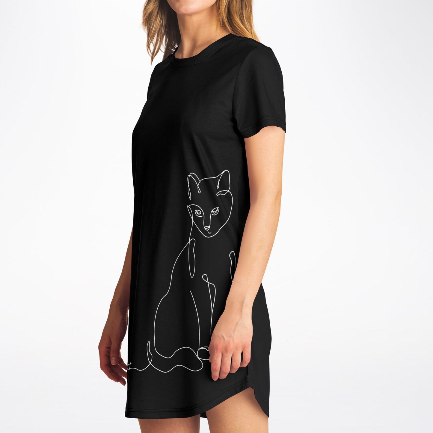 Chic Black Line-Art Cat T-Shirt Dress - Stylish, Comfy, and Timeless