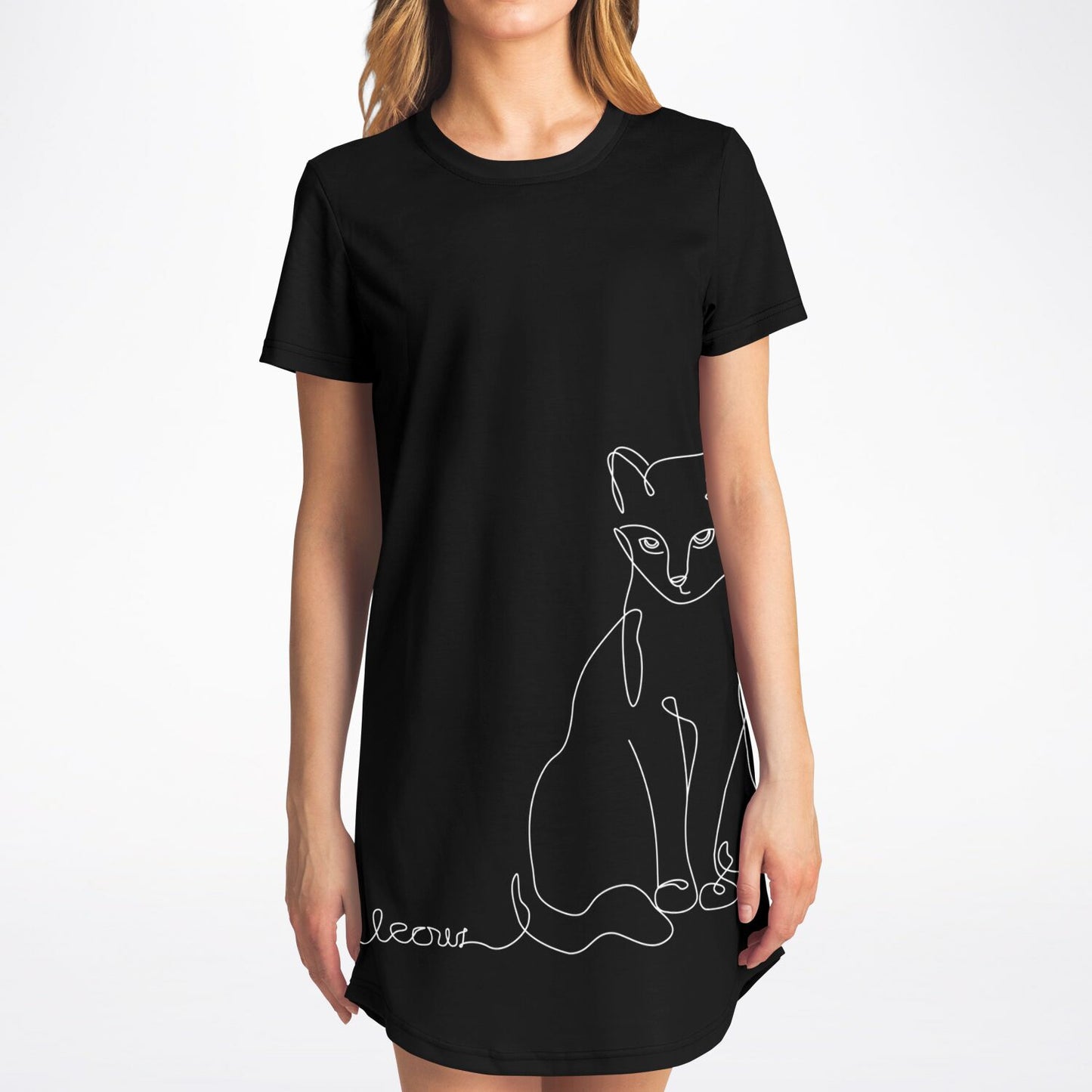 Chic Black Line-Art Cat T-Shirt Dress - Stylish, Comfy, and Timeless