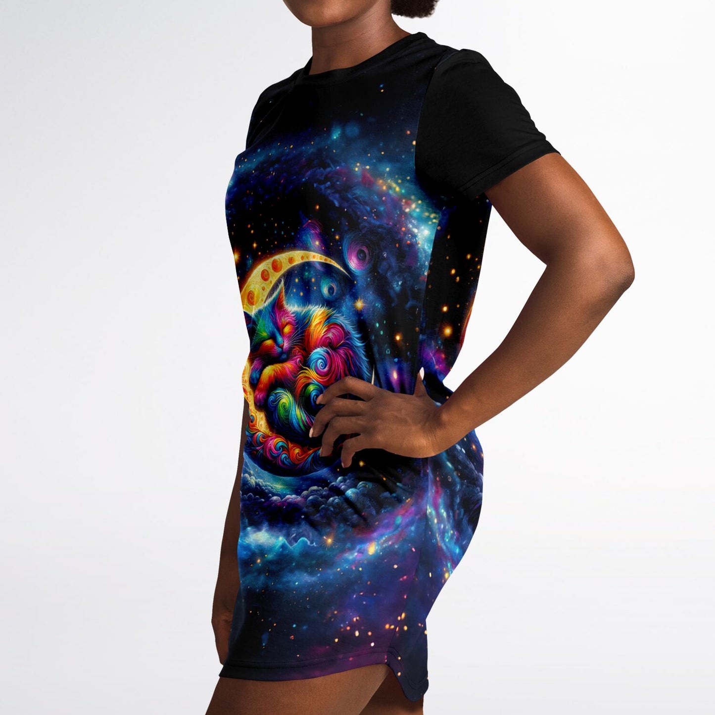 Celestial Cat Dreams T-Shirt Dress - Vibrant, Comfortable, and Out of This World