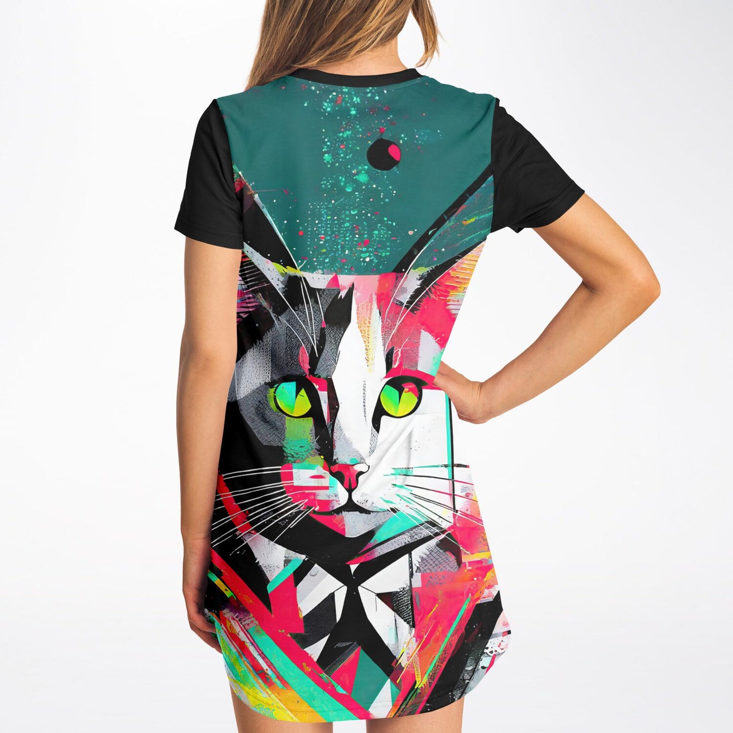 Electric Feline T-Shirt Dress - Vibrant Style, Bold Personality