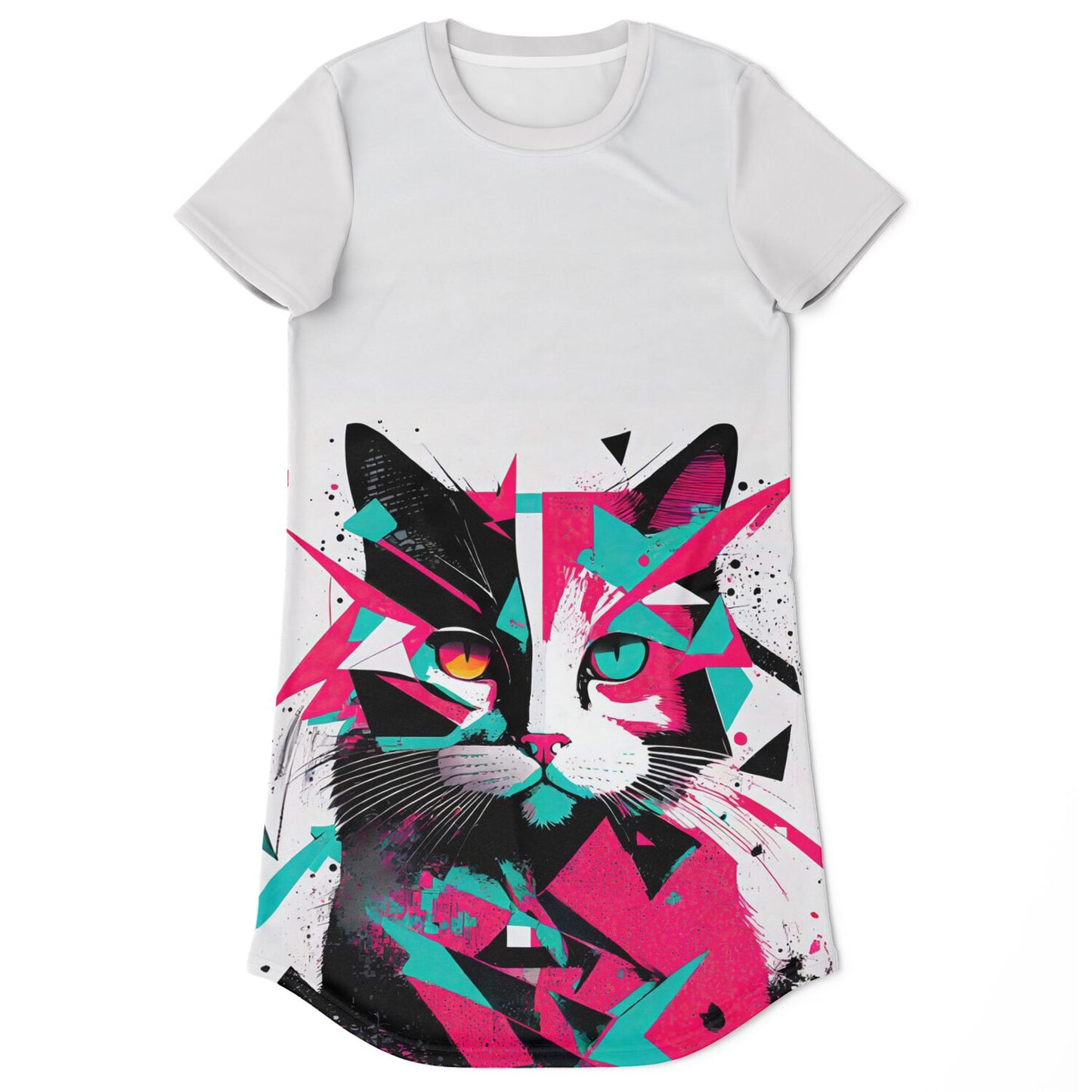 Geometric Feline T-Shirt Dress - Edgy, Vibrant, and Fierce