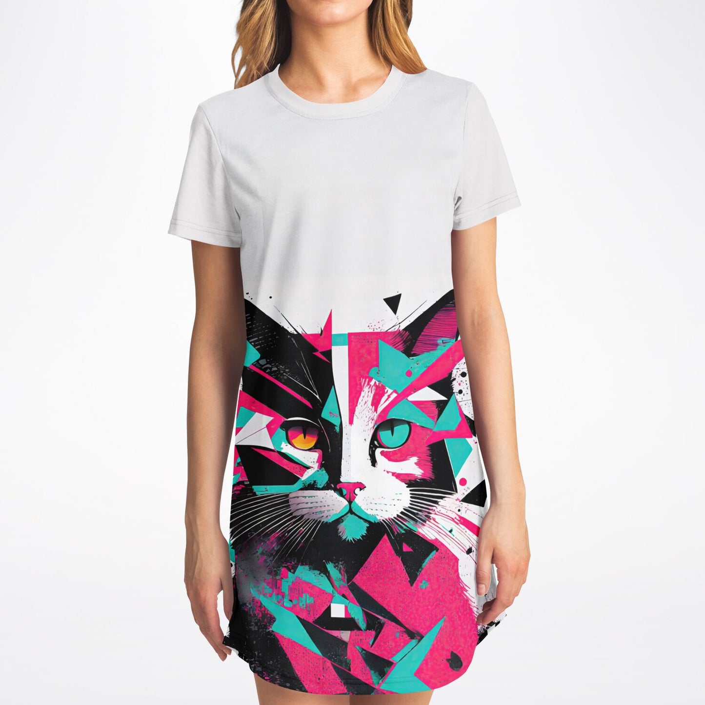 Geometric Feline T-Shirt Dress - Edgy, Vibrant, and Fierce