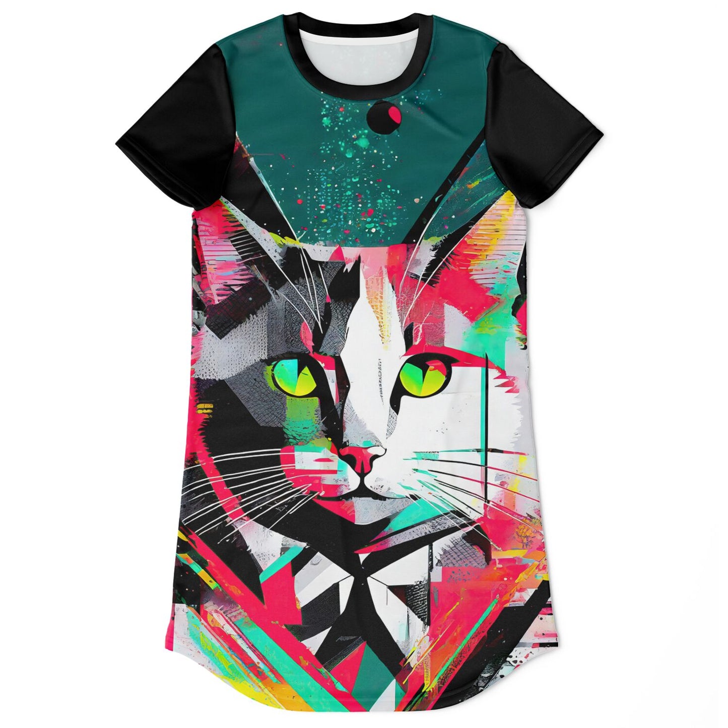 Electric Feline T-Shirt Dress - Vibrant Style, Bold Personality