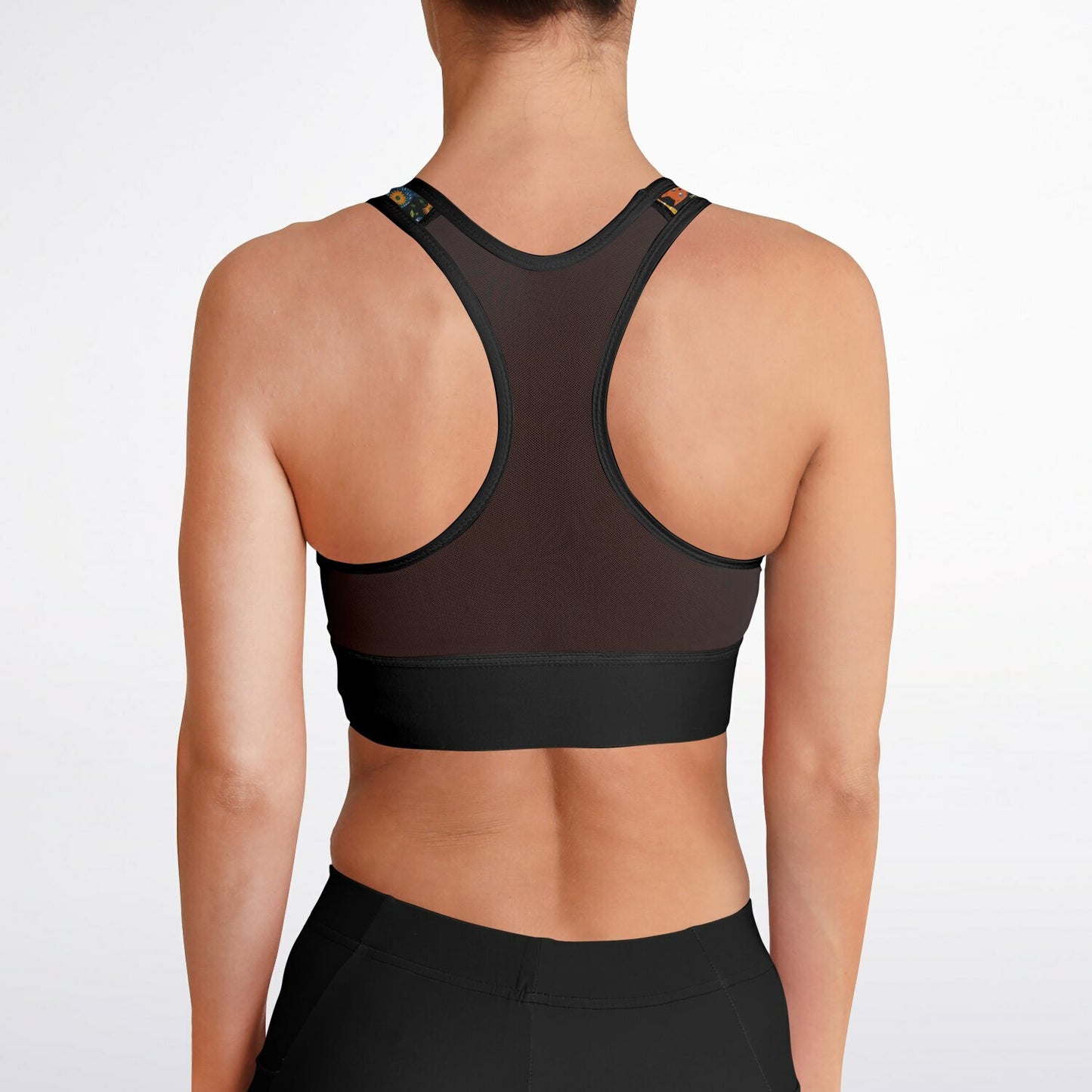 Vibrant Cat Pattern Mesh Padded Sports Bra - Stylish, Supportive, and Eco-Friendly for Active Women