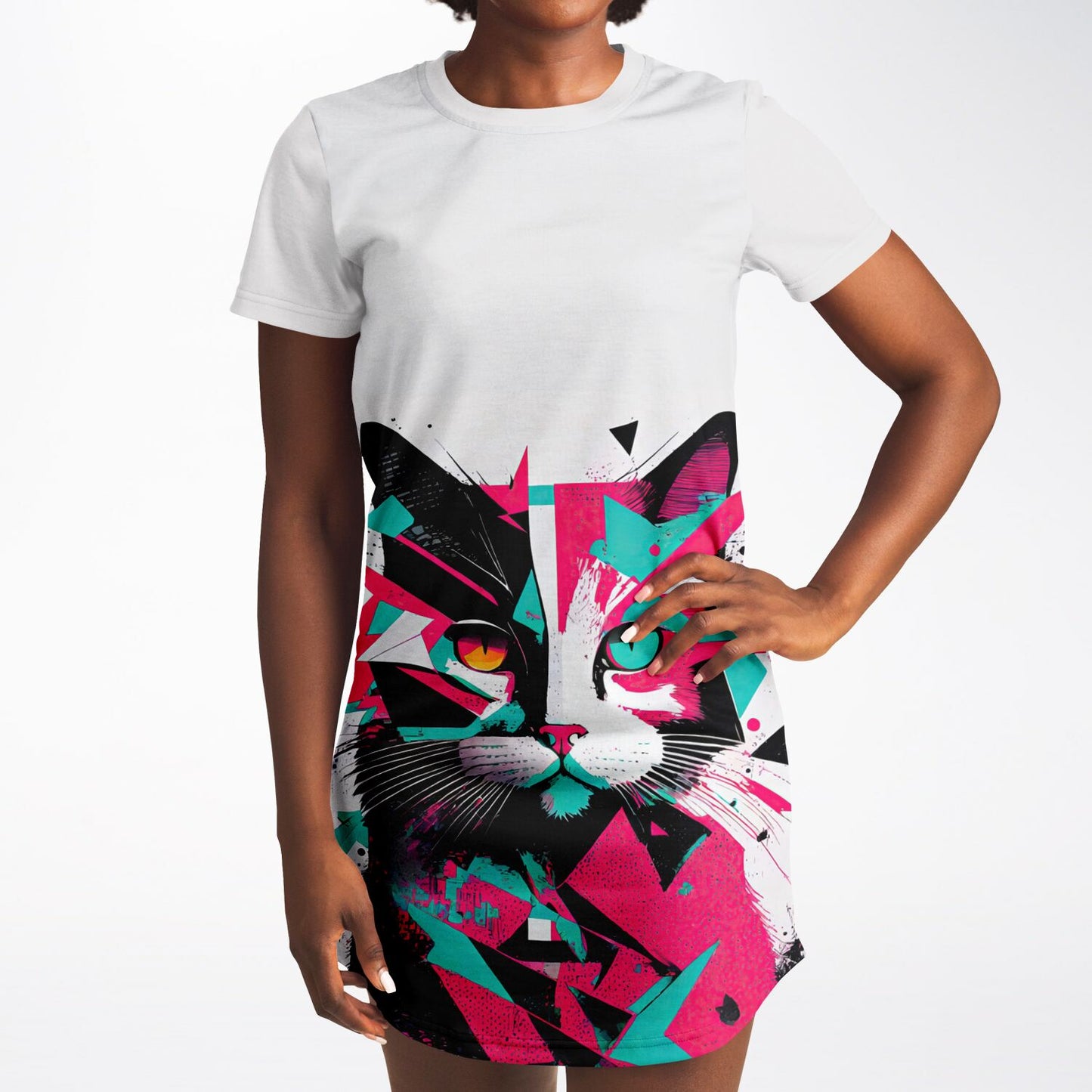 Geometric Feline T-Shirt Dress - Edgy, Vibrant, and Fierce