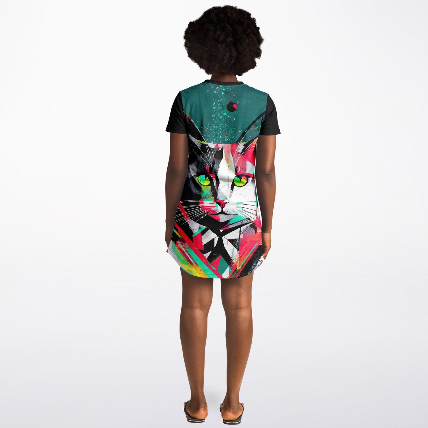 Electric Feline T-Shirt Dress - Vibrant Style, Bold Personality