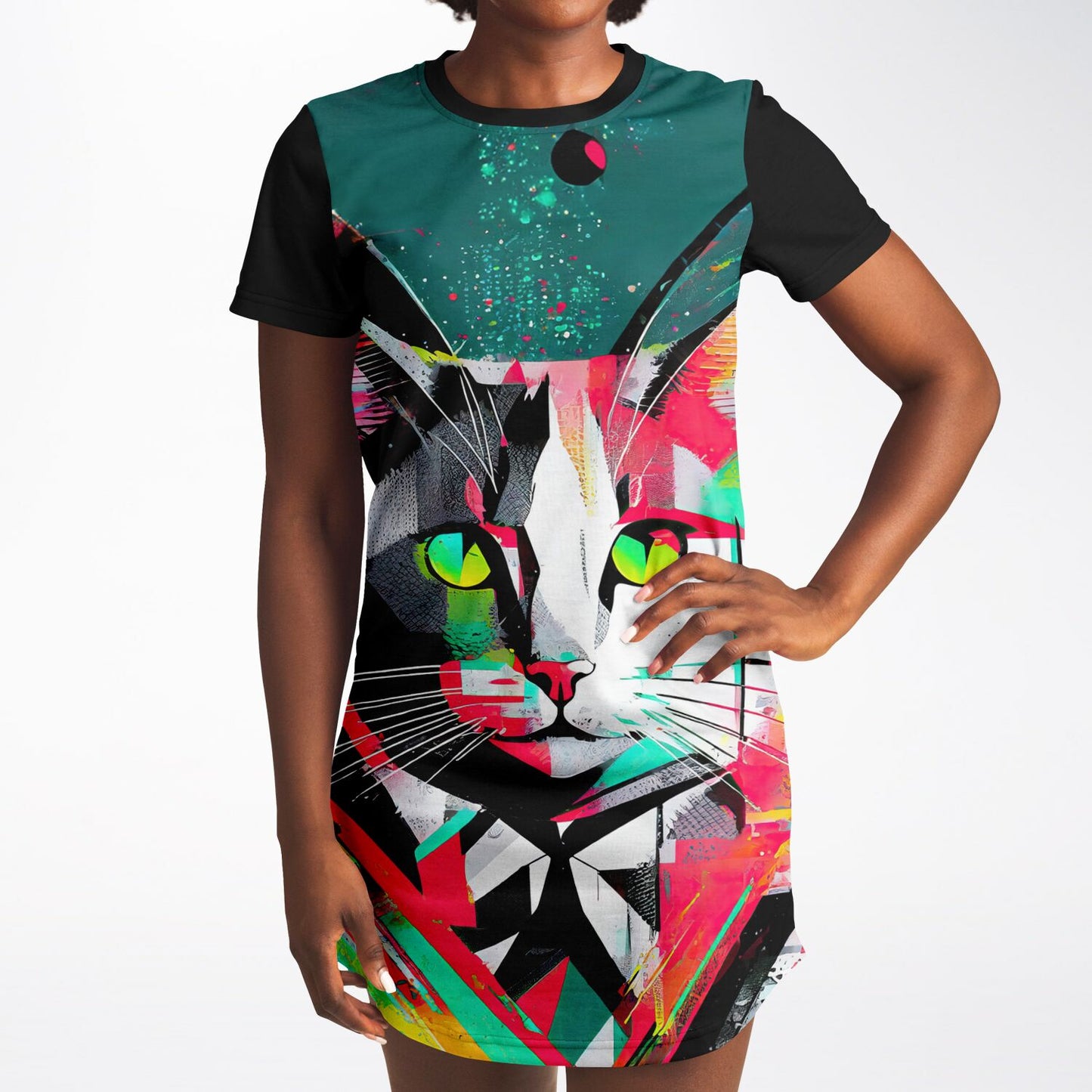 Electric Feline T-Shirt Dress - Vibrant Style, Bold Personality