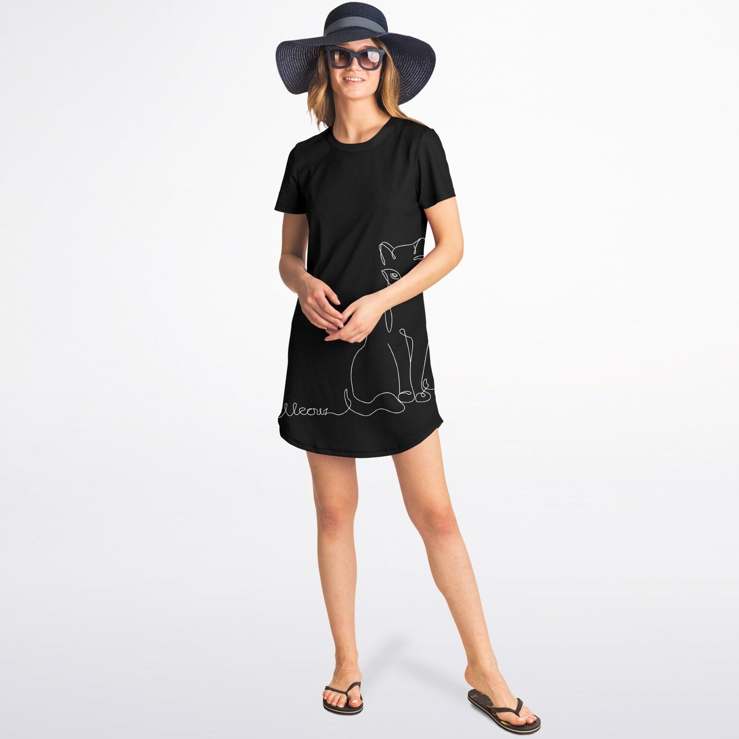 Chic Black Line-Art Cat T-Shirt Dress - Stylish, Comfy, and Timeless