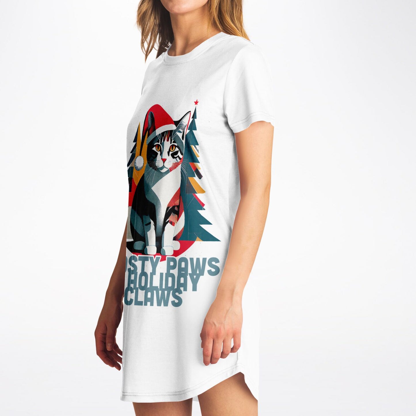 Frosty Paws & Holiday Claws T-Shirt Dress - Festive Cat Style for All Seasons