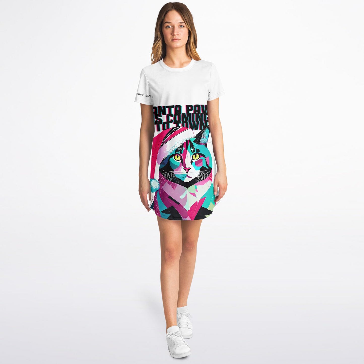 Santa Paws Holiday T-Shirt Dress: Festive, Bold, and Full of Cat-titude