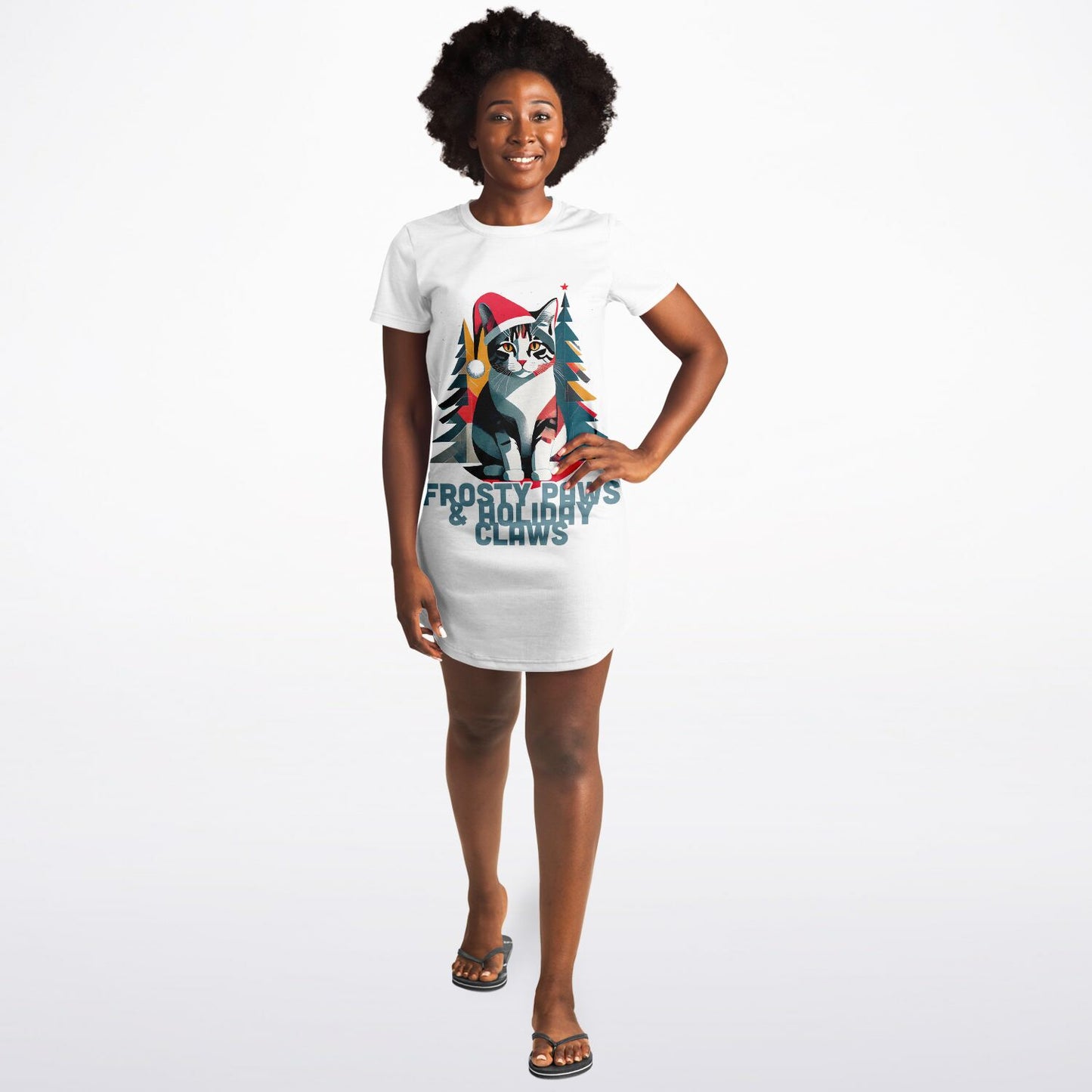 Frosty Paws & Holiday Claws T-Shirt Dress - Festive Cat Style for All Seasons