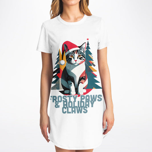 Frosty Paws & Holiday Claws T-Shirt Dress - Festive Cat Style for All Seasons