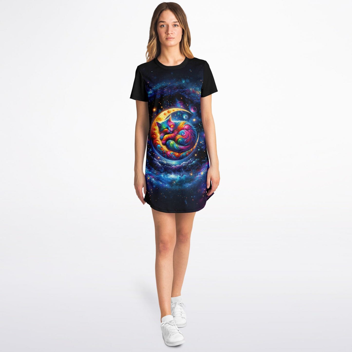 Celestial Cat Dreams T-Shirt Dress - Vibrant, Comfortable, and Out of This World