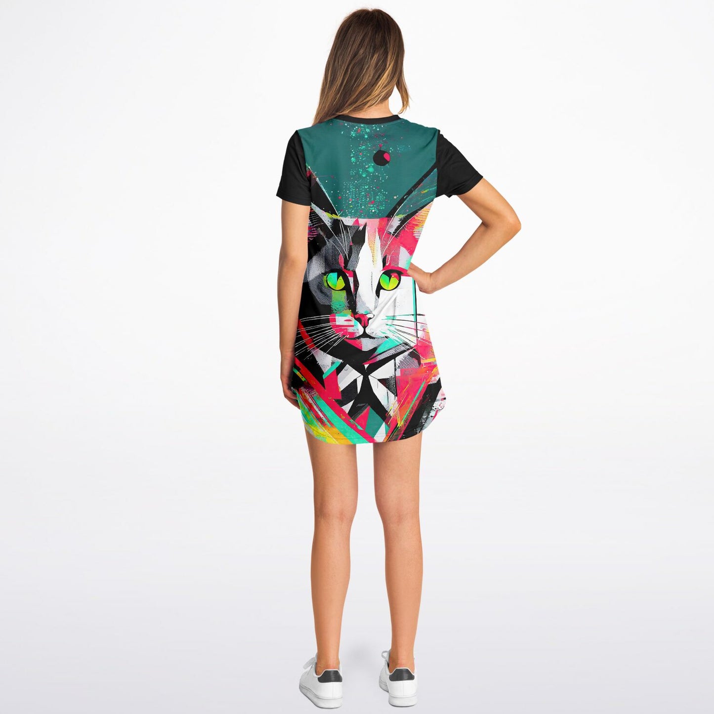 Electric Feline T-Shirt Dress - Vibrant Style, Bold Personality