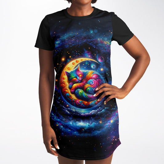 Celestial Cat Dreams T-Shirt Dress - Vibrant, Comfortable, and Out of This World