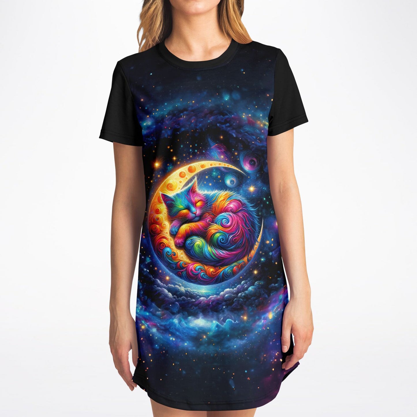 Celestial Cat Dreams T-Shirt Dress - Vibrant, Comfortable, and Out of This World