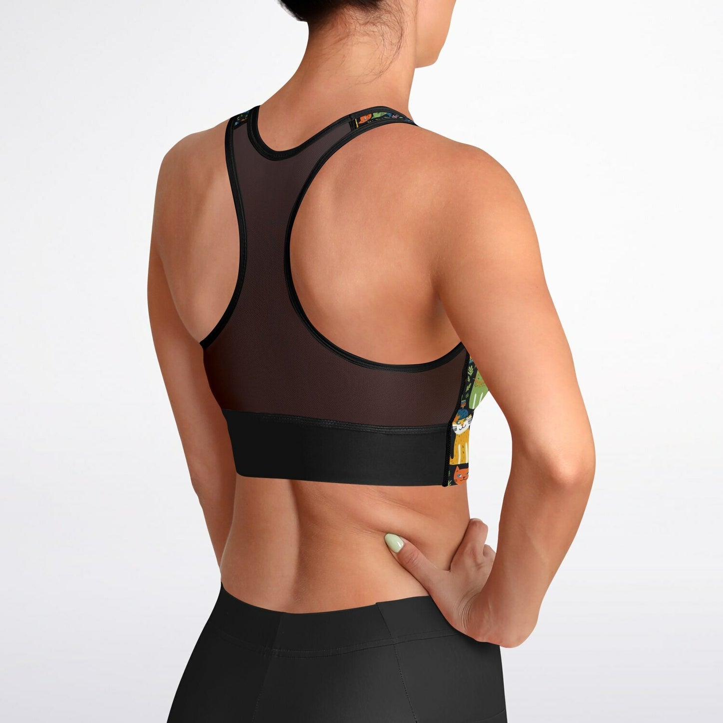 Vibrant Cat Pattern Mesh Padded Sports Bra - Stylish, Supportive, and Eco-Friendly for Active Women