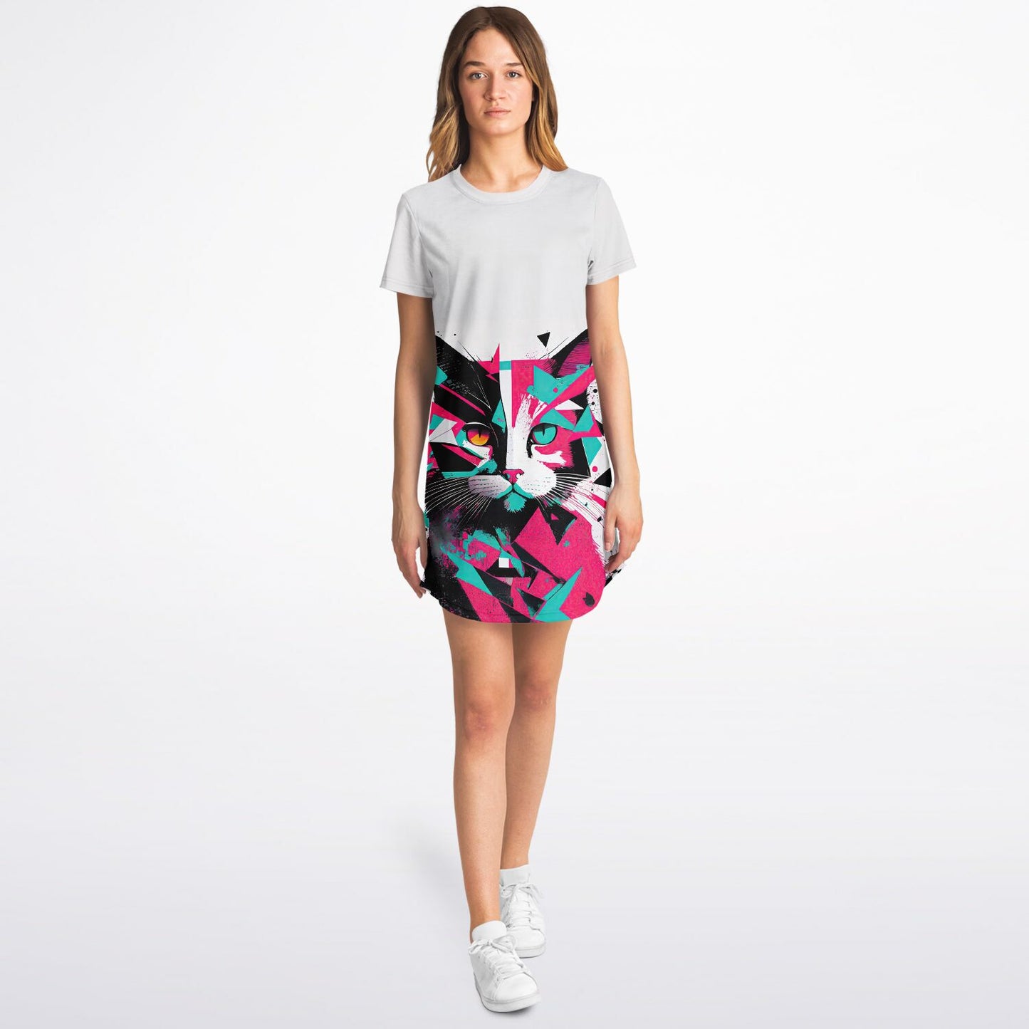 Geometric Feline T-Shirt Dress - Edgy, Vibrant, and Fierce